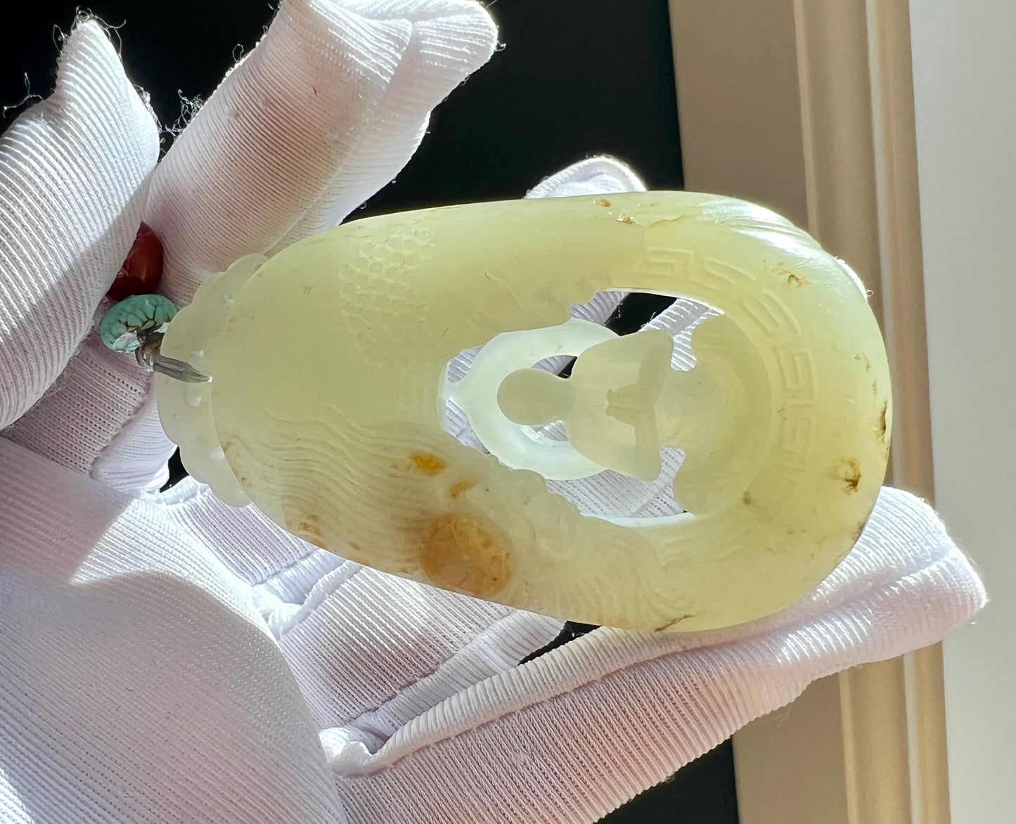 Certified natural jade pebble/White Nephrite carved Enlightenment pendant/white nephrite with original skin and pores 天然精品 籽料白玉 无事牌 悟道吊坠 佛魔一念#7455原皮毛孔 天然黄沁 大师工
