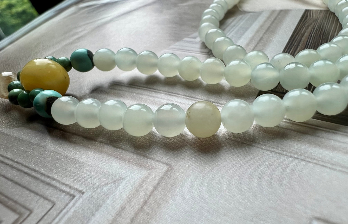 4.8mm Certified natural jade/white nephrite beads necklace/river nephrite天然精品 玉龙河料白玉 项链 万能链 #3046带天然原皮 油润细糯