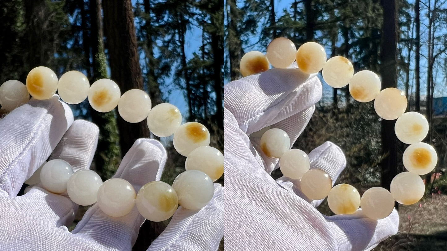 12mm Certified natural jade/Siberian golden brown white nephrite bracelet/ Charcoal-grilled bun pattern天然精品 俄糖白玉 羊脂白 一口金红糖 #2170 炭烤小馒头