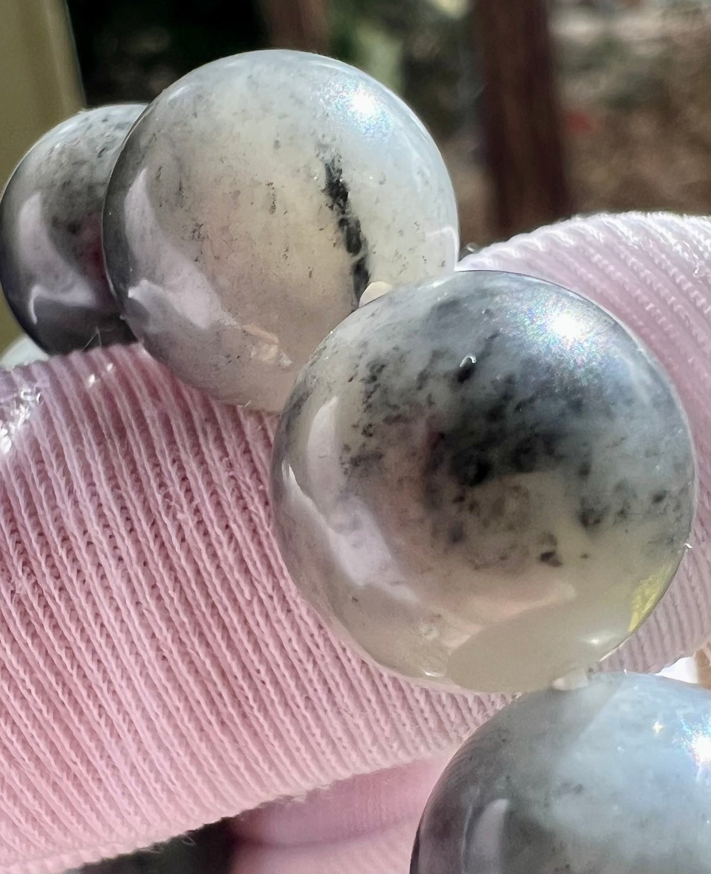 12mm Certified natural jade pebble/black and white nephrite/Qinghua nephrite pebble beads bracelet 天然精品 籽料青花手串 一线天/聚宝盆 #7235 特别油糯