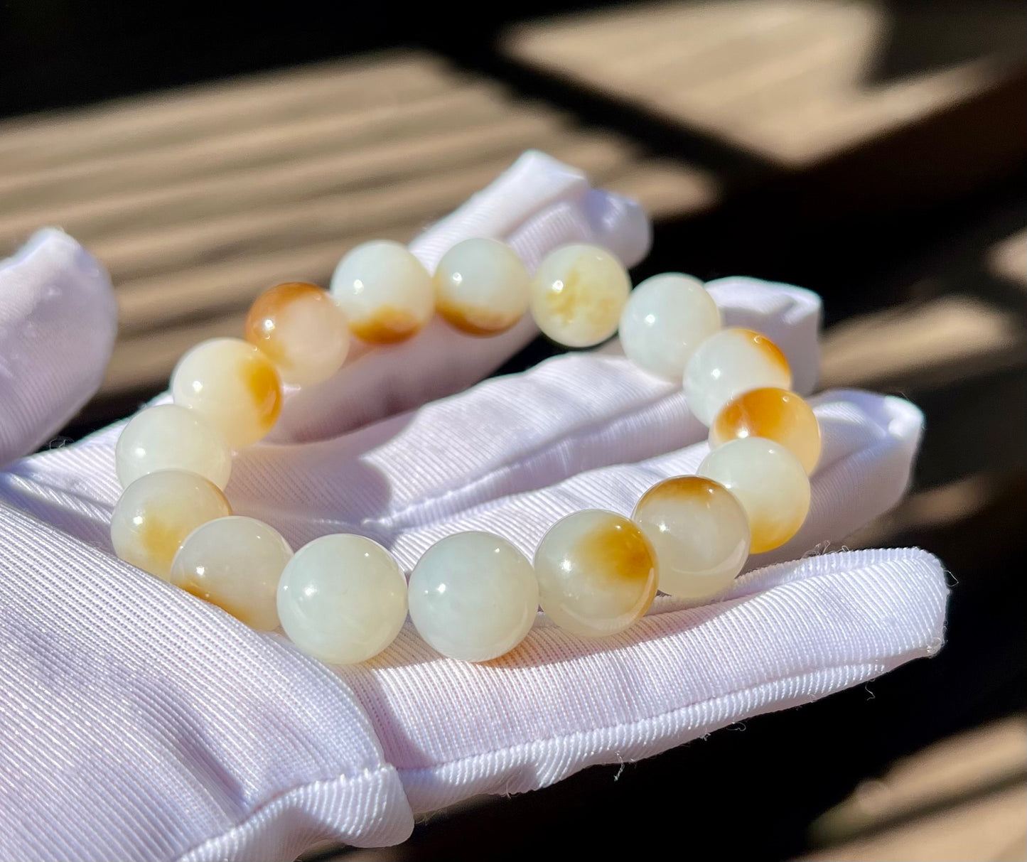 12mm Certified natural jade/Siberian golden brown white nephrite bracelet/ Charcoal-grilled bun pattern天然精品 俄糖白玉 羊脂白 一口金红糖 #2170 炭烤小馒头