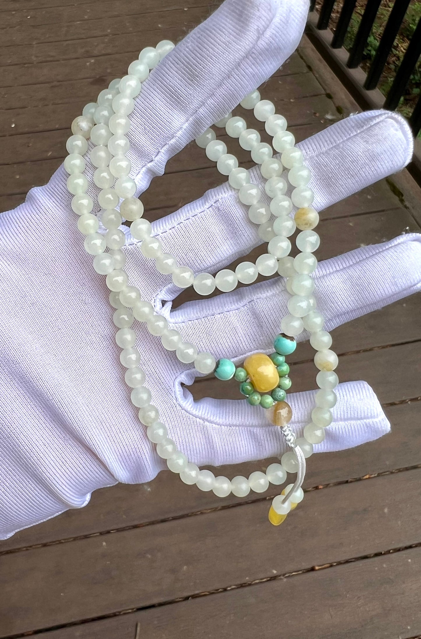 4.8mm Certified natural jade/white nephrite beads necklace/river nephrite天然精品 玉龙河料白玉 项链 万能链 #3046带天然原皮 油润细糯