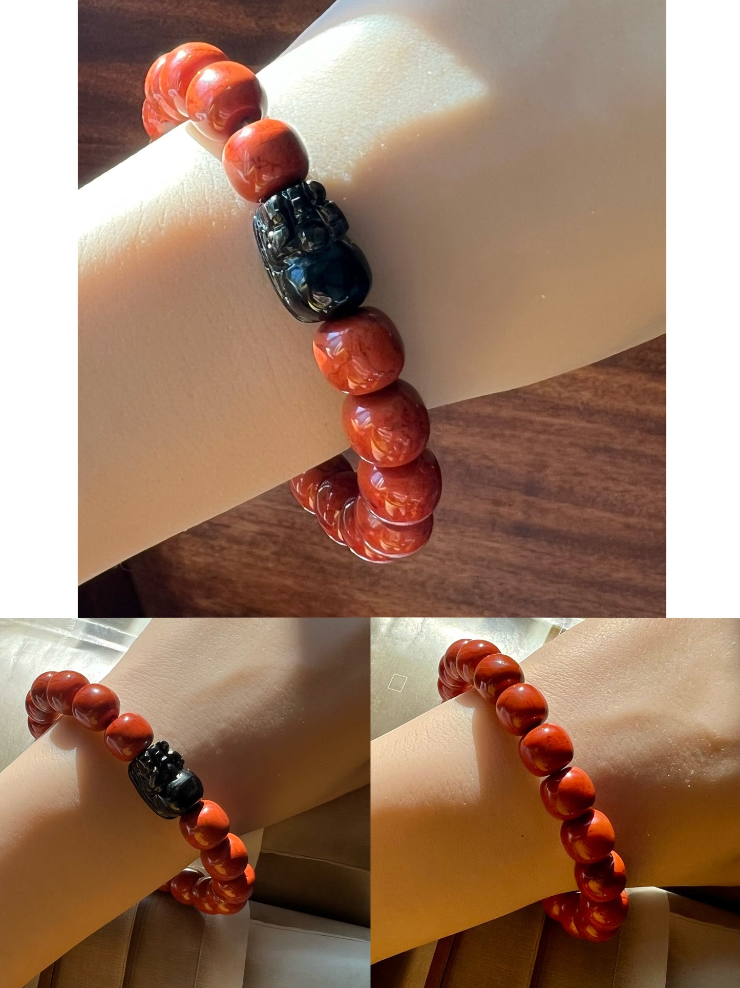 10*9mm Certified natural Nanhong Agate barrel Beads Bracelet, Southern Red Agate, with Hypersthene Pixiu charm, 全天然精品金运石貔貅 川料柿子红南红手串 满色满肉 #5947