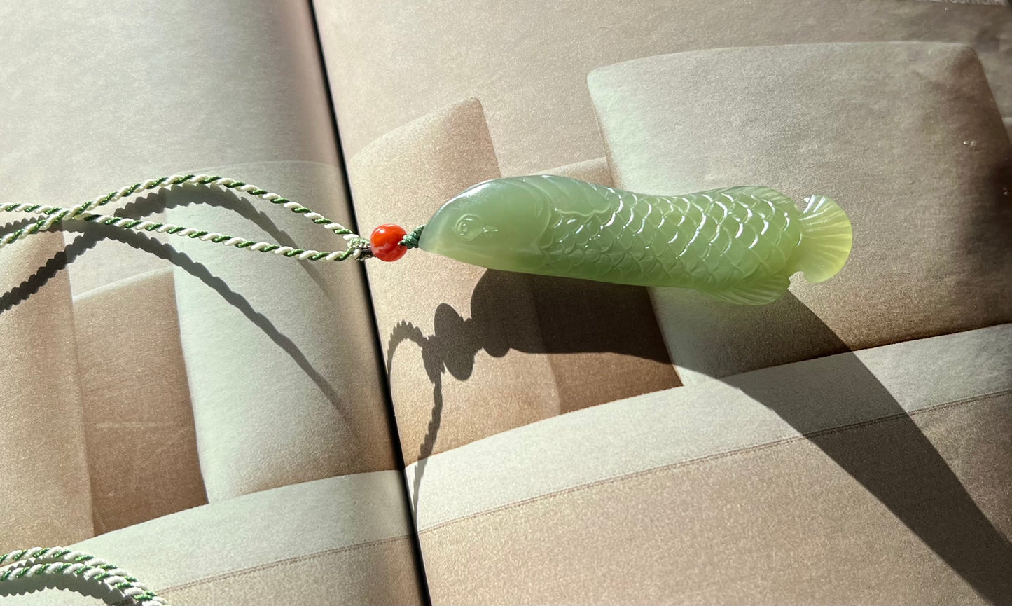 Certified natural Jade Qinghai lake green nephrite carved fish pendant hand-braided necklace天然精品 青海老矿 湖水绿 金龙鱼 吊坠#0629