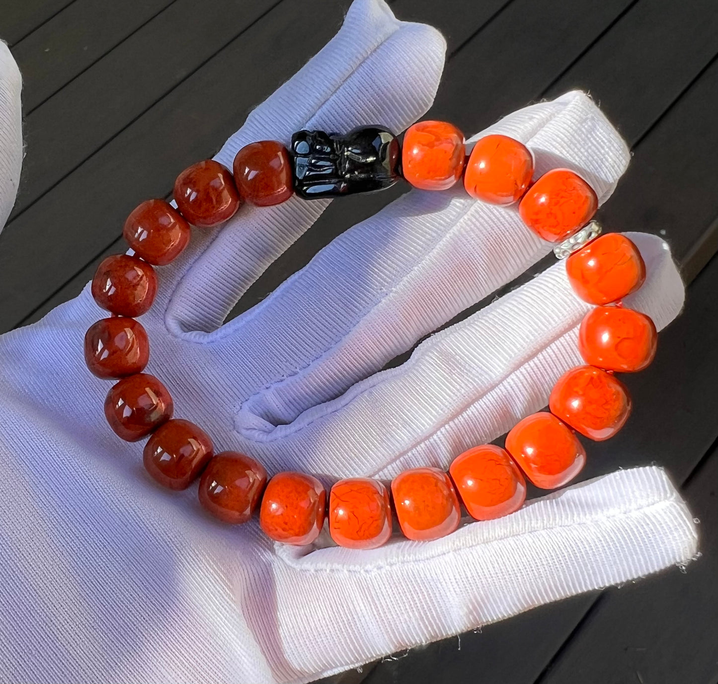 10*9mm Certified natural Nanhong Agate barrel Beads Bracelet, Southern Red Agate, with Hypersthene Pixiu charm, 全天然精品金运石貔貅 川料柿子红南红手串 满色满肉 #5947