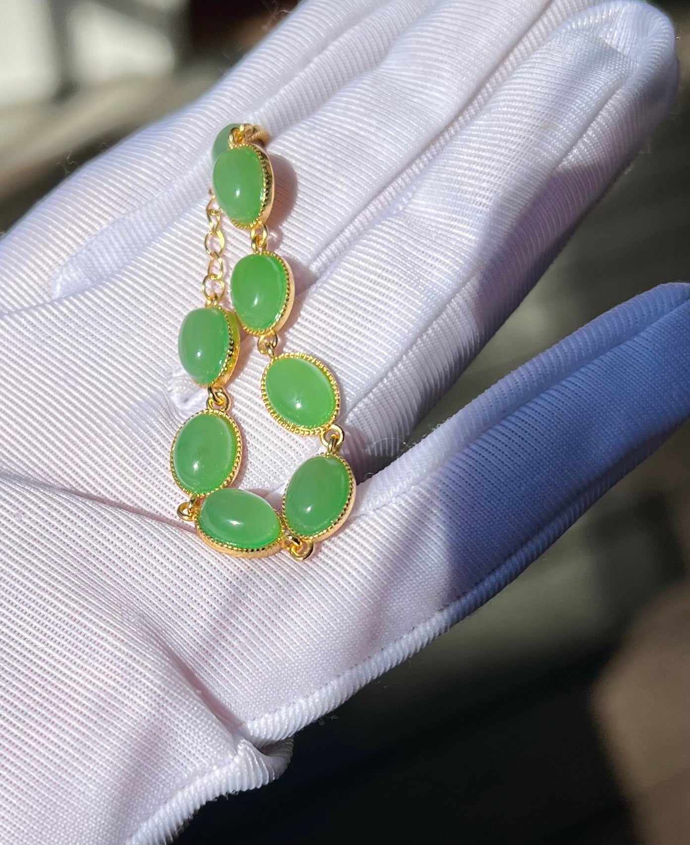 Certified natural nephrite green jade/Siberian green nephrite inlaid S925 bracelet /apple green 天然精品 俄料碧玉蛋面镶嵌纯银手链 #2205 鲜果绿