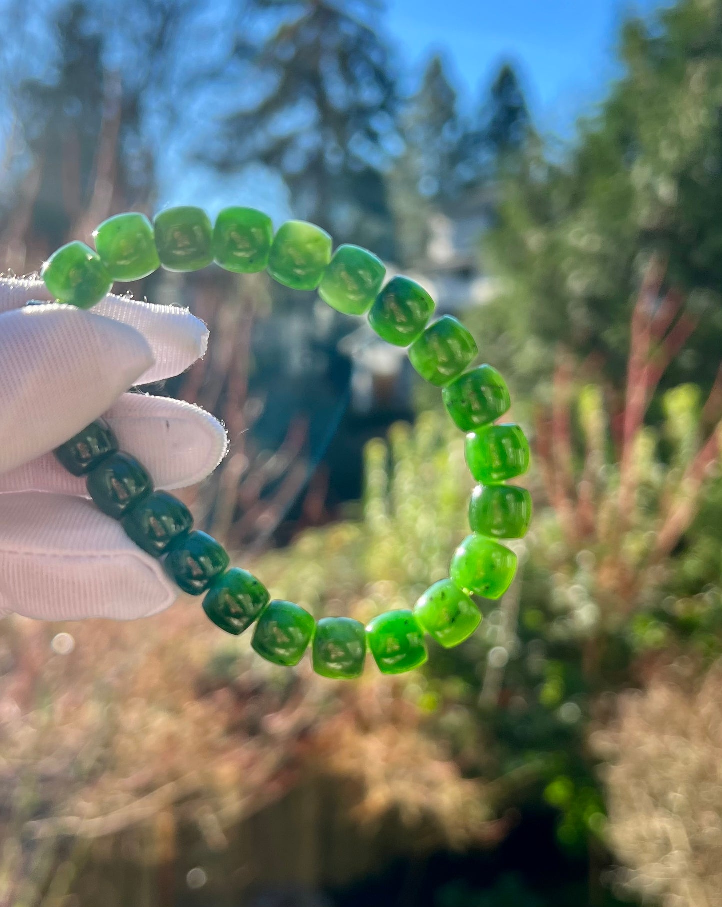 9*8mm Certified Natural jade/Siberian Green Nephrite bracelet /icy green/straight cut beads天然精品 俄料碧玉 冰底辣阳绿菠菜绿 直切珠 #4684