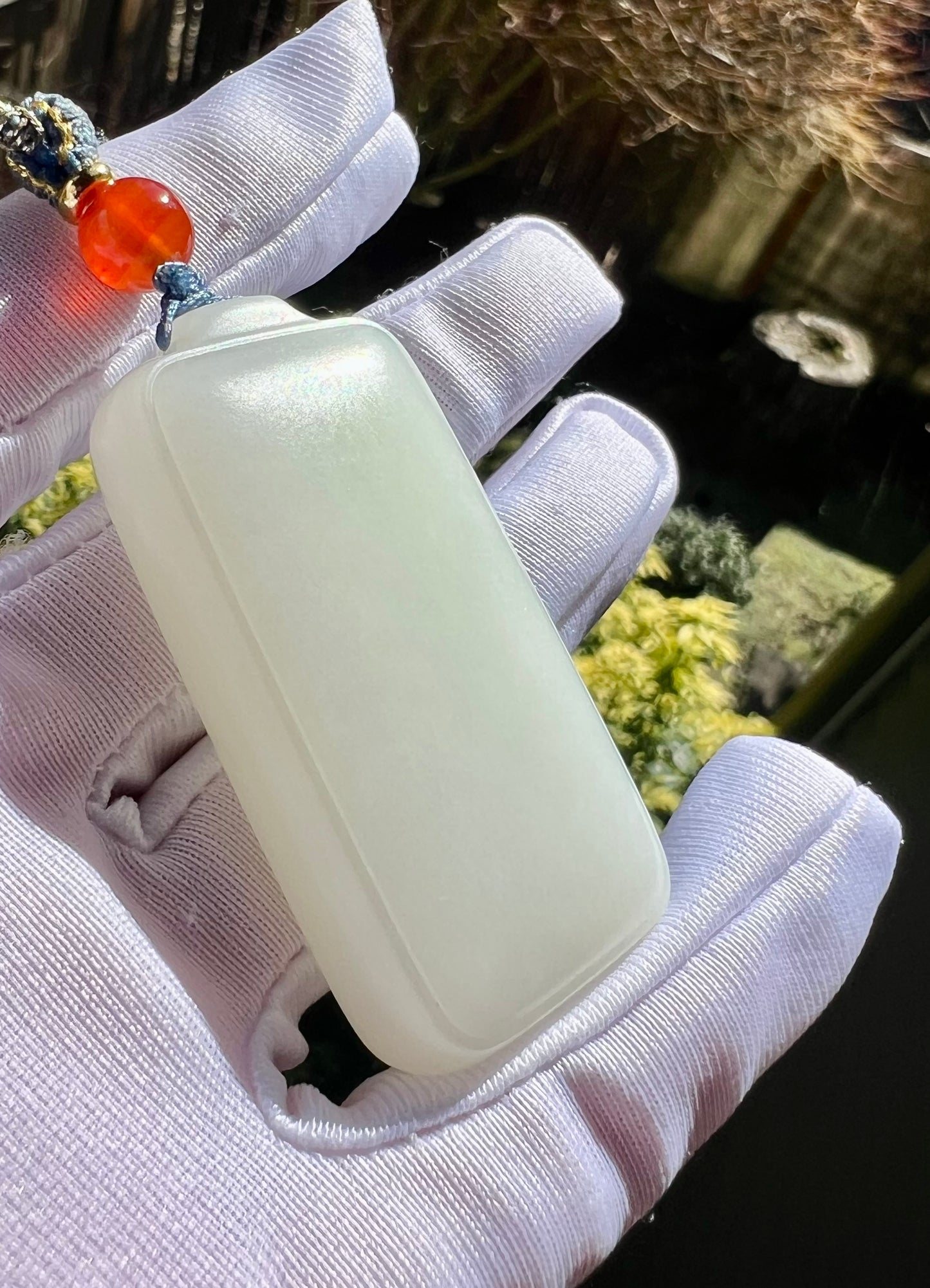 Certified natural jade Siberian white nephrite rectangle pendant/mutton fat white nephrite safety pendant necklace天然精品 俄料白玉 脂白玉无事牌 吊坠 #8975