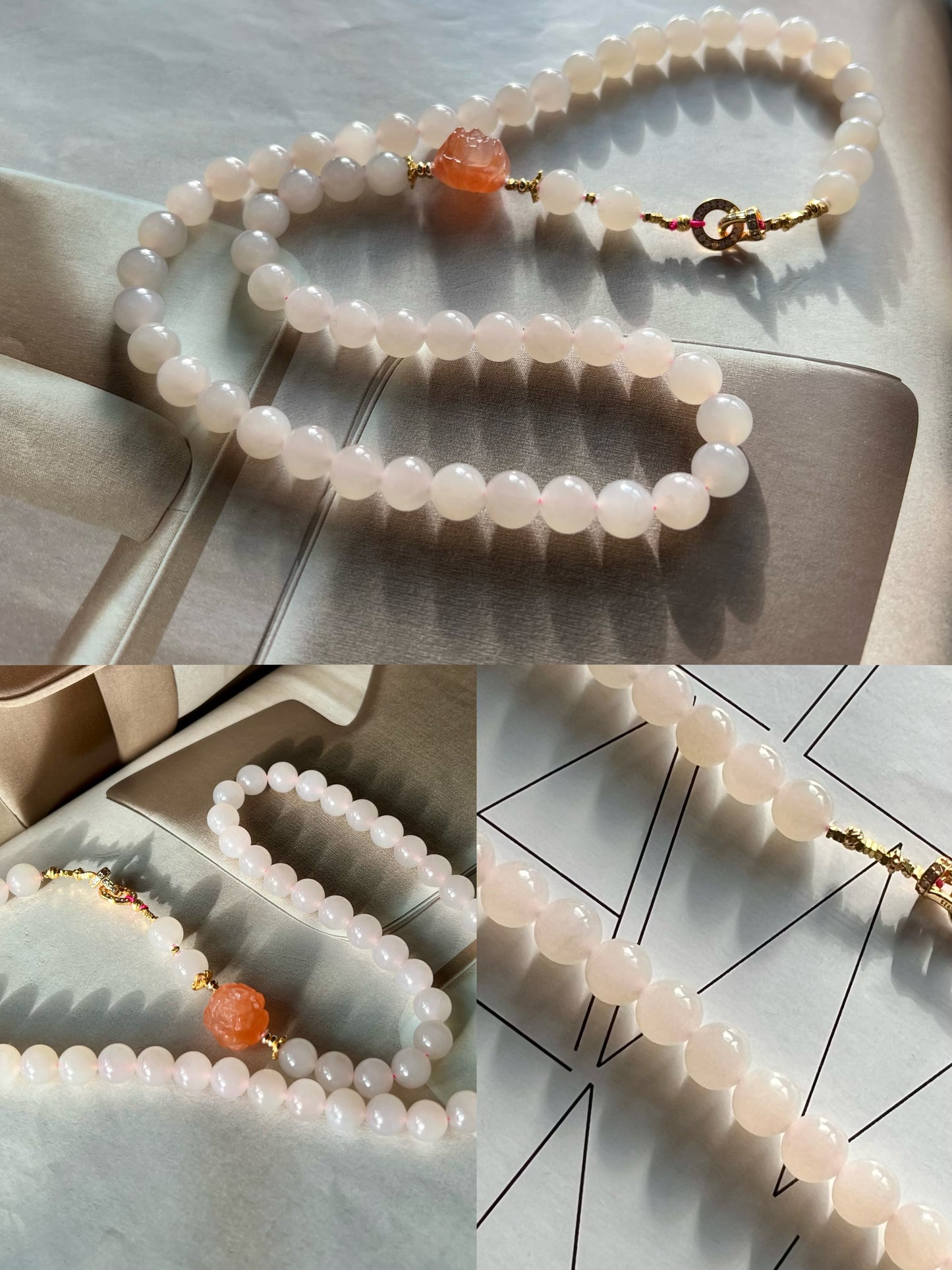 8mm Certified natural jade Qinghai old mine lotus pink nephrite necklace/icy lotus root pink 天然 青海老矿料冰糯藕粉项链 冰润糯 #3378 搭配川料南红牡丹花