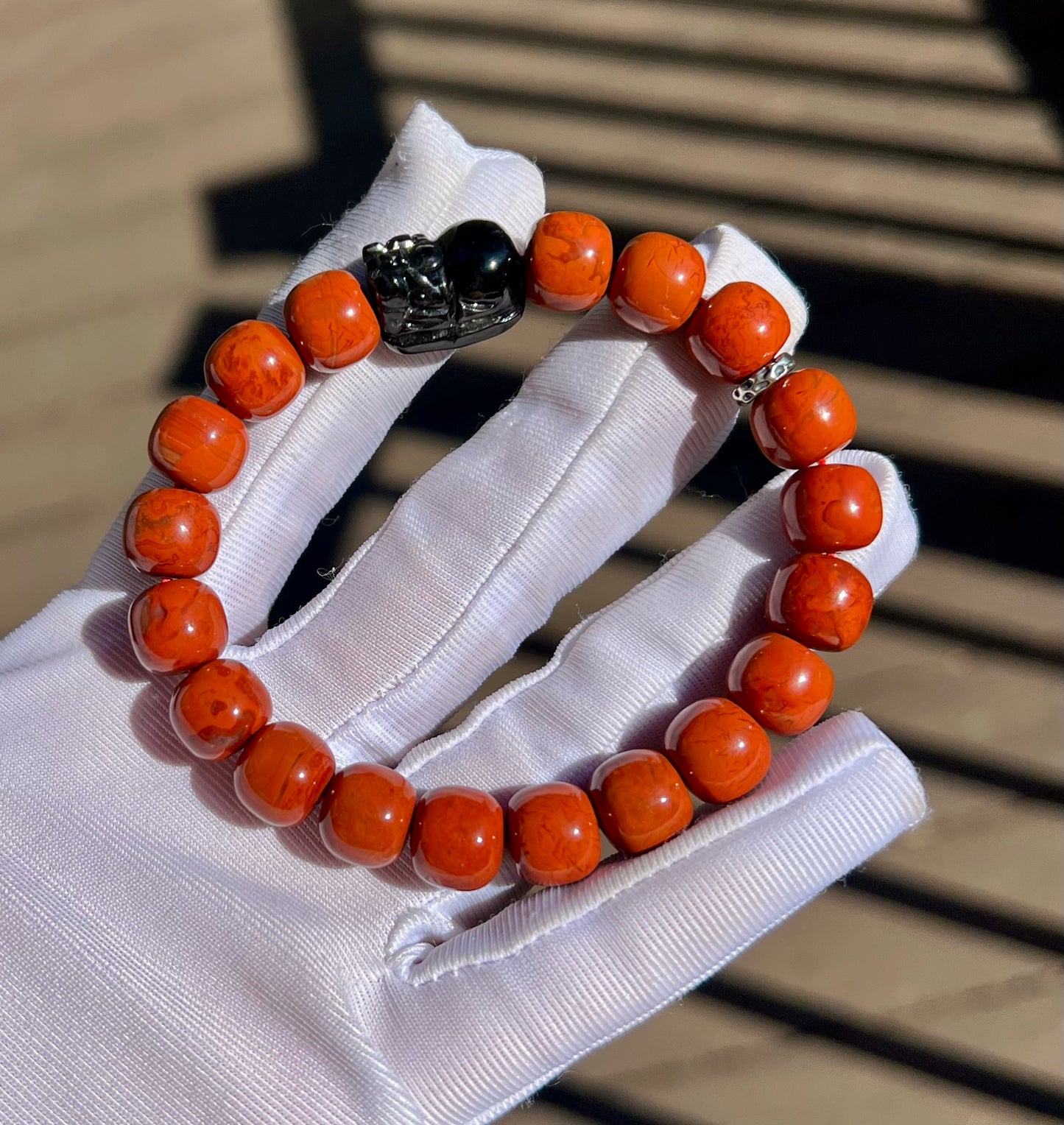10*9mm Certified natural Nanhong Agate barrel Beads Bracelet, Southern Red Agate, with Hypersthene Pixiu charm, 全天然精品金运石貔貅 川料柿子红南红手串 满色满肉 #5947