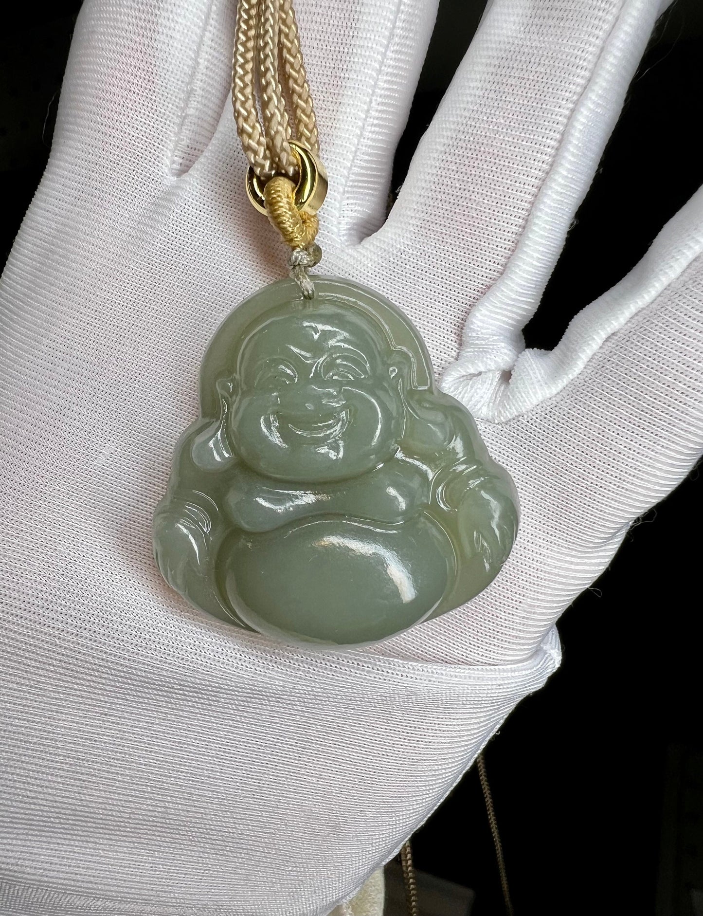 35mm Certified natural lake green hetian jade, nephrite carved Buddha pendant necklace 湖水绿青海老料佛公和田玉吊坠 项链 笑佛弥勒佛 玉质油润