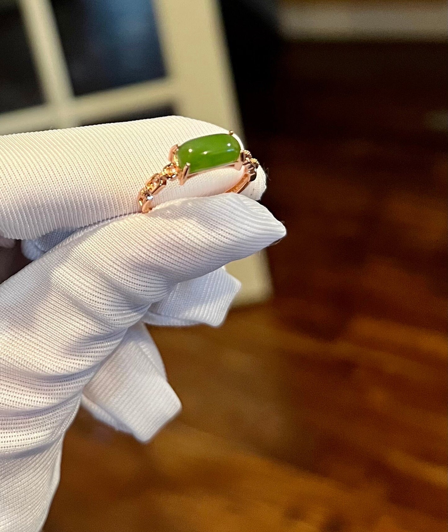 Certified Hetian jade Siberian green Nephrite ring Sterling Silver ring/rectangle shape bright green nephrite ring 天然精品俄料碧玉 纯银包镶 戒指/指