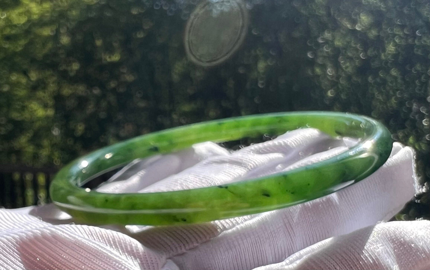 58.4mm Certified Natural hetian jade Siberian green nephrite Bangle/icy oily green nephrite 天然俄料碧玉和田玉 冰阳绿碧玉手镯 美人条 叮当镯 冰润 #5339