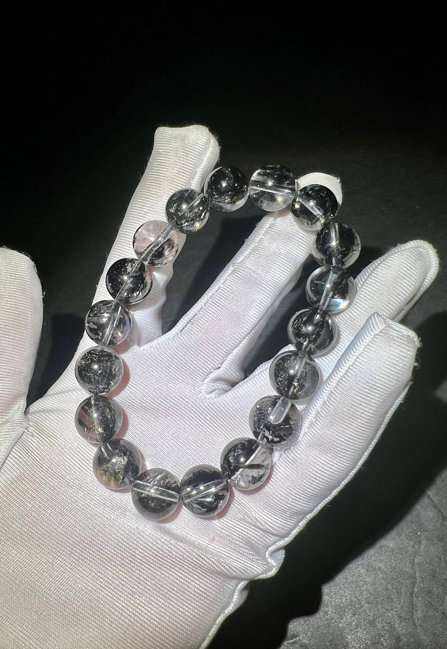 11.5mm Natural high clarity NY Herkimer Diamond bracelet with petal Black Anthraxolite Inclusions, flashes天然顶级闪灵钻手串晶体透闪 花瓣包体#0336