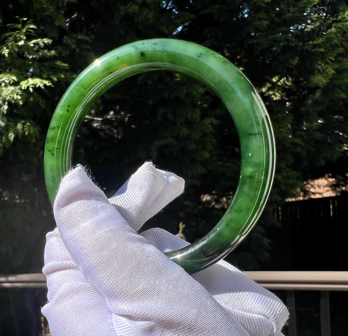 59mm Certified Natural hetian jade/ Green nephrite Bangle/spinach green Icy Fluorescent天然和田玉冰底菠菜绿碧玉 正圈手镯 平安镯 #0204
