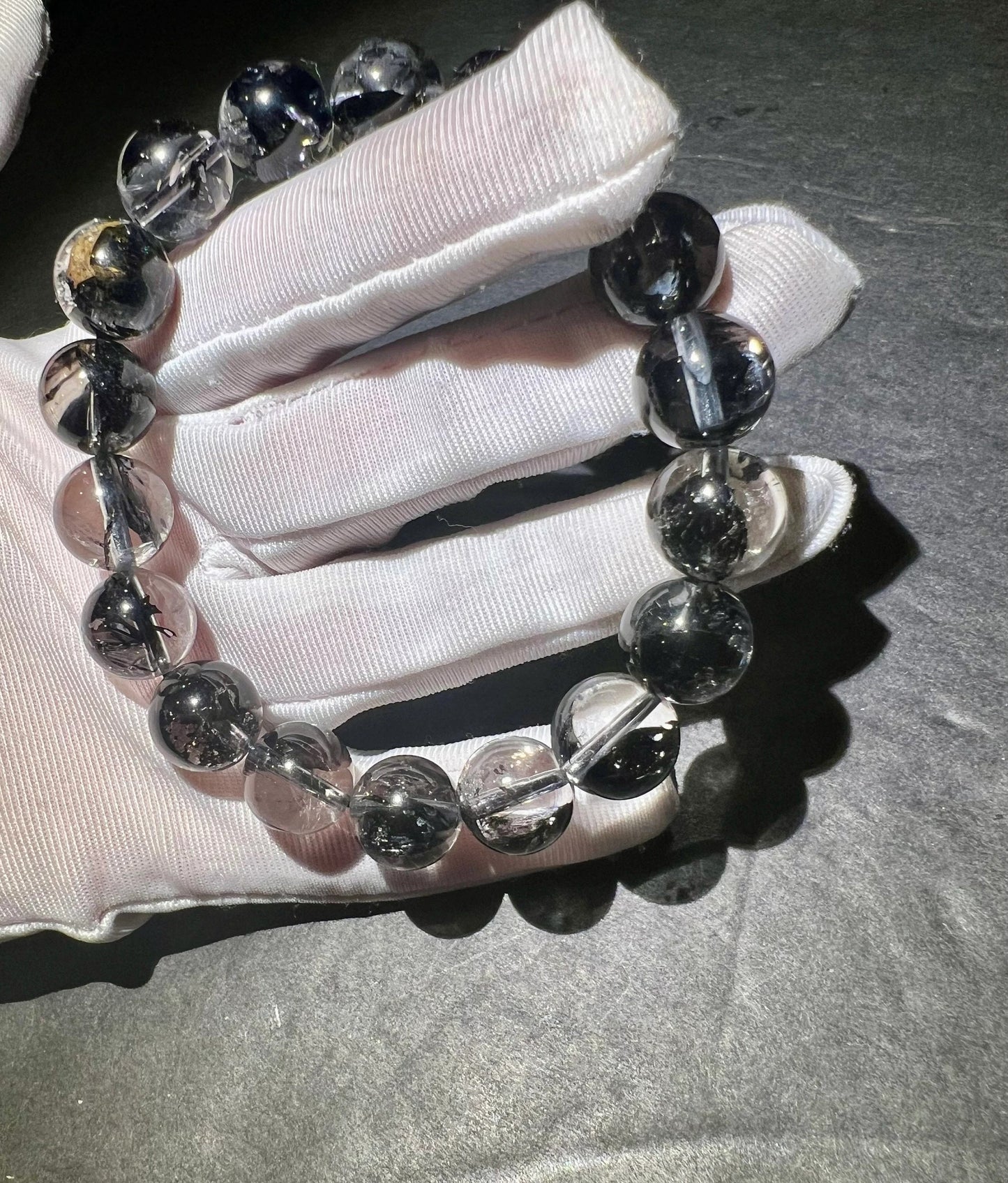 11.5mm Natural high clarity NY Herkimer Diamond bracelet with petal Black Anthraxolite Inclusions, flashes天然顶级闪灵钻手串晶体透闪 花瓣包体#0336