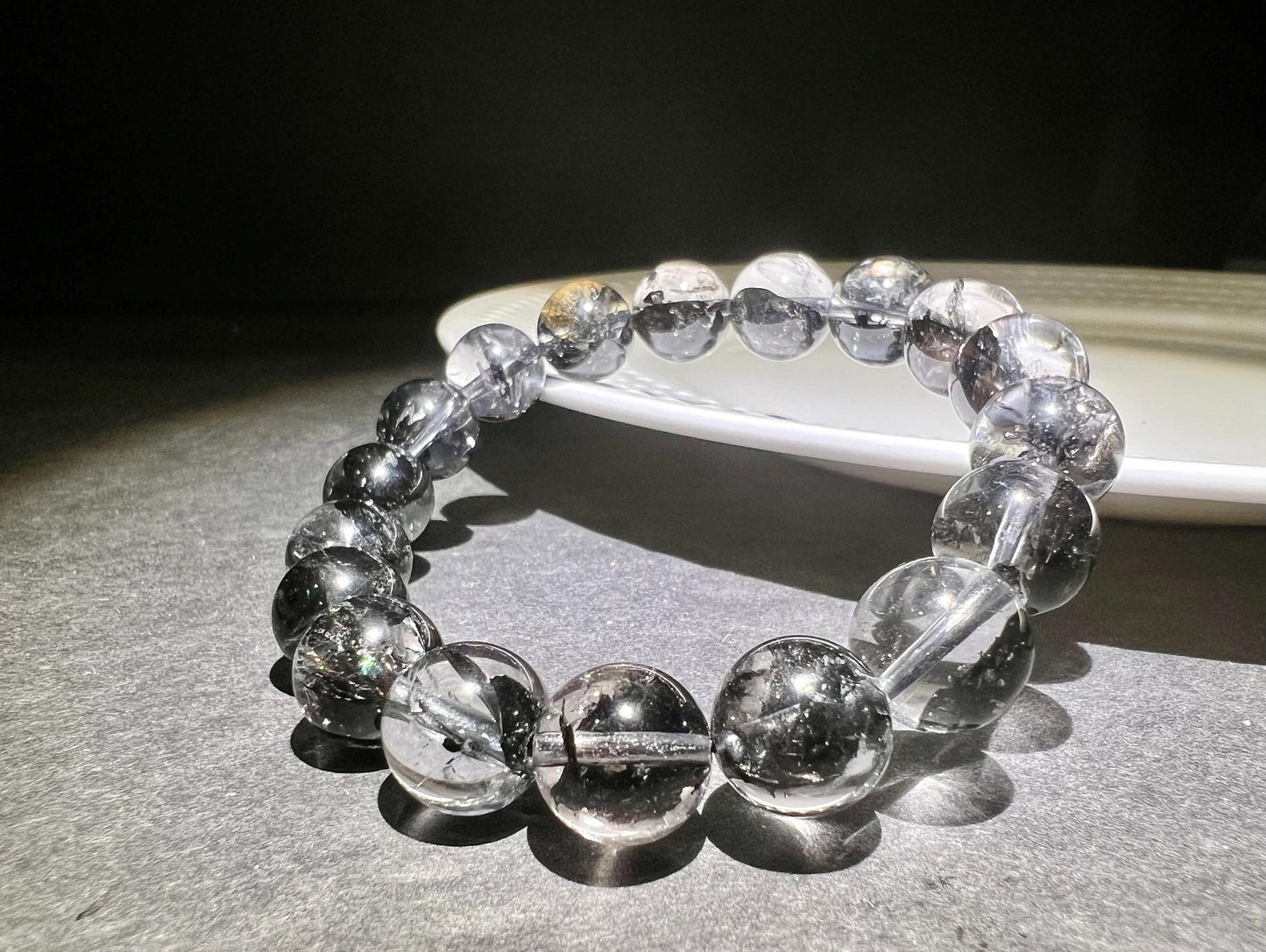 11.5mm Natural high clarity NY Herkimer Diamond bracelet with petal Black Anthraxolite Inclusions, flashes天然顶级闪灵钻手串晶体透闪 花瓣包体#0336