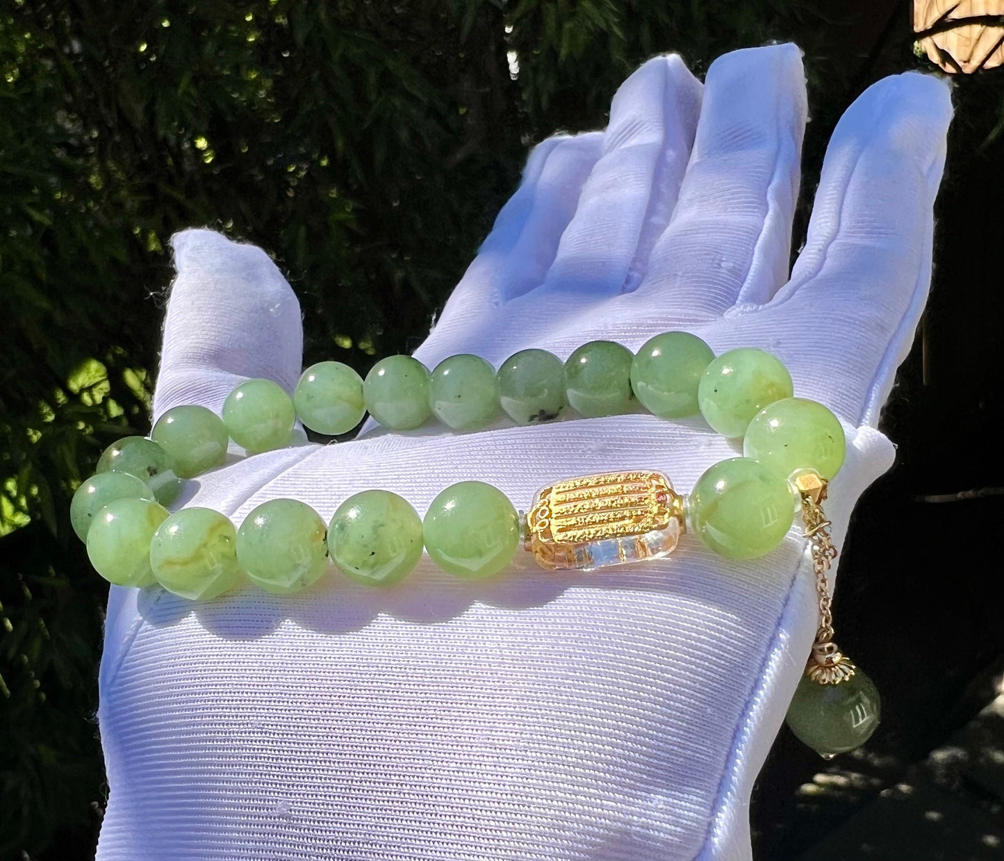 9.5mm Certified Natural hetian jade/Siberian Green Nephrite bracelet /light apple green nephrite 天然精品和田玉 俄料碧玉手串 乌兰海苹果绿 山流水料细糯油润#2996