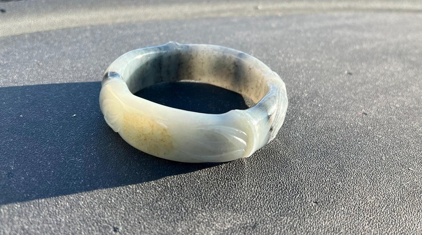 Certified Hetian river jade pebble/ black and White Nephrite bangle Hetian graphite Qinghua nephrite 天然精品和田玉 籽料青花 钢板料 全手工 水墨青花 宽版籽料手镯#9010