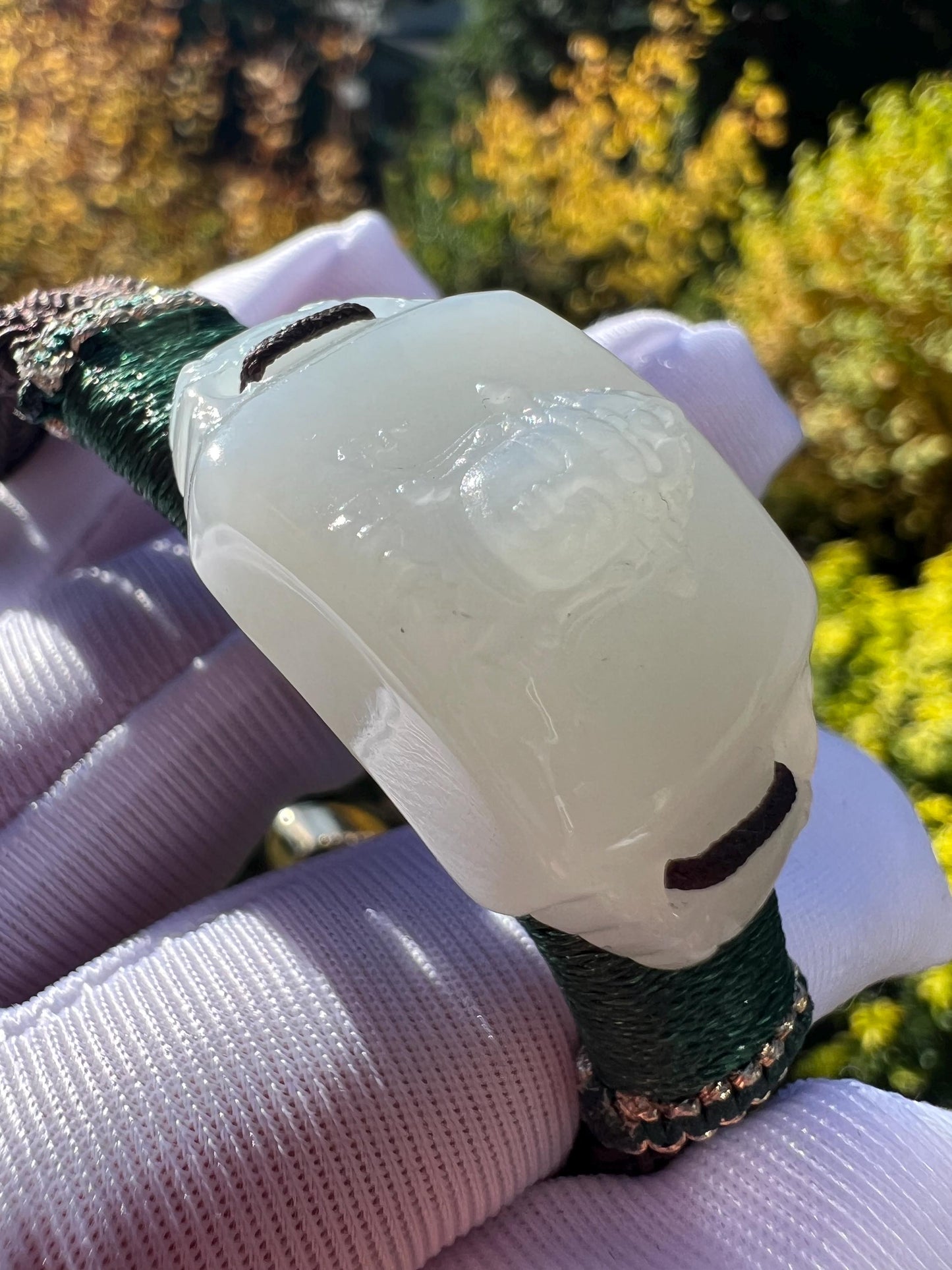 Certified Natural hetian jade/Siberian white nephrite carved white Tara/Hand made bracelet/ 天然和田玉 俄料白玉雕刻度母手牌 细白#2165
