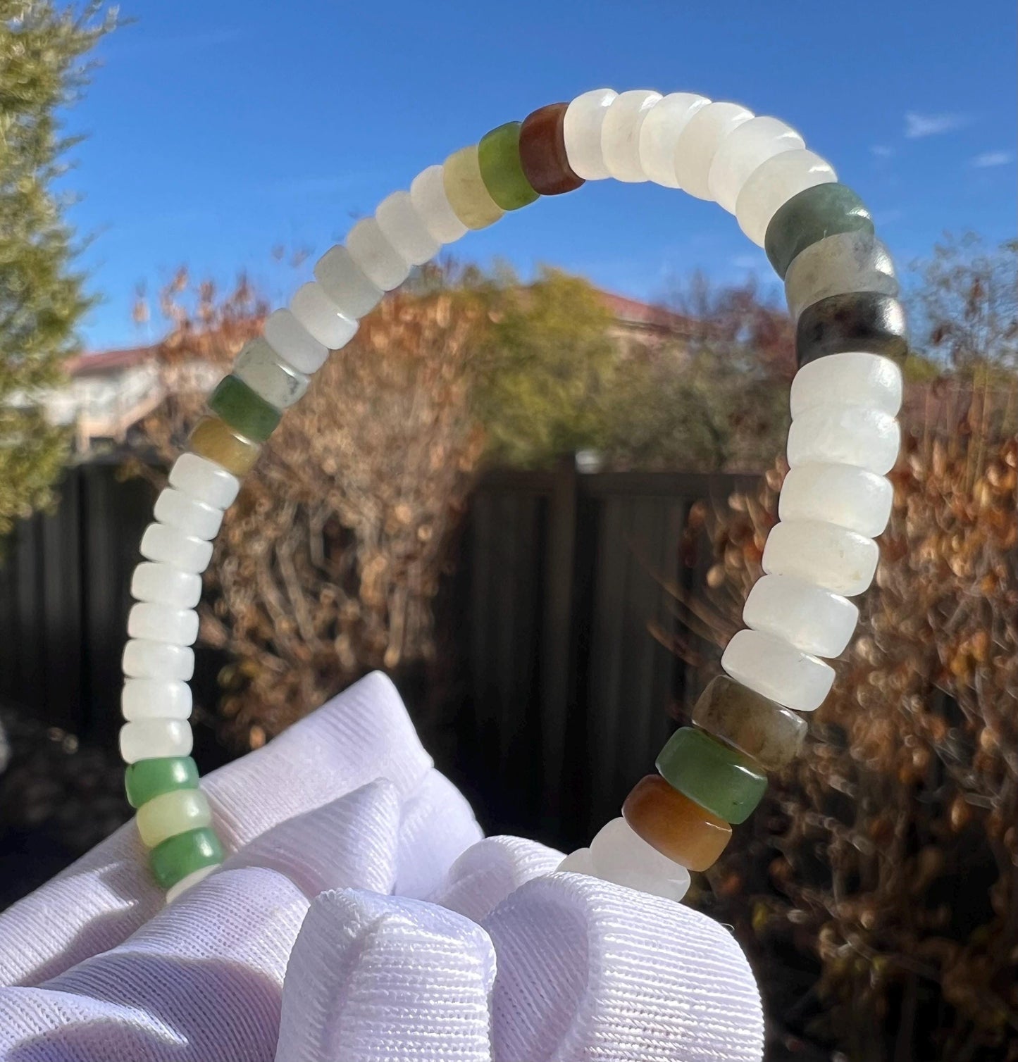 Certified natural Hetian jade/white and multi color nephrite bracelet/straight cut thin beads天然精品和田玉 白玉多宝手串 #2157 直切隔片珠(白玉碧玉糖玉青花)