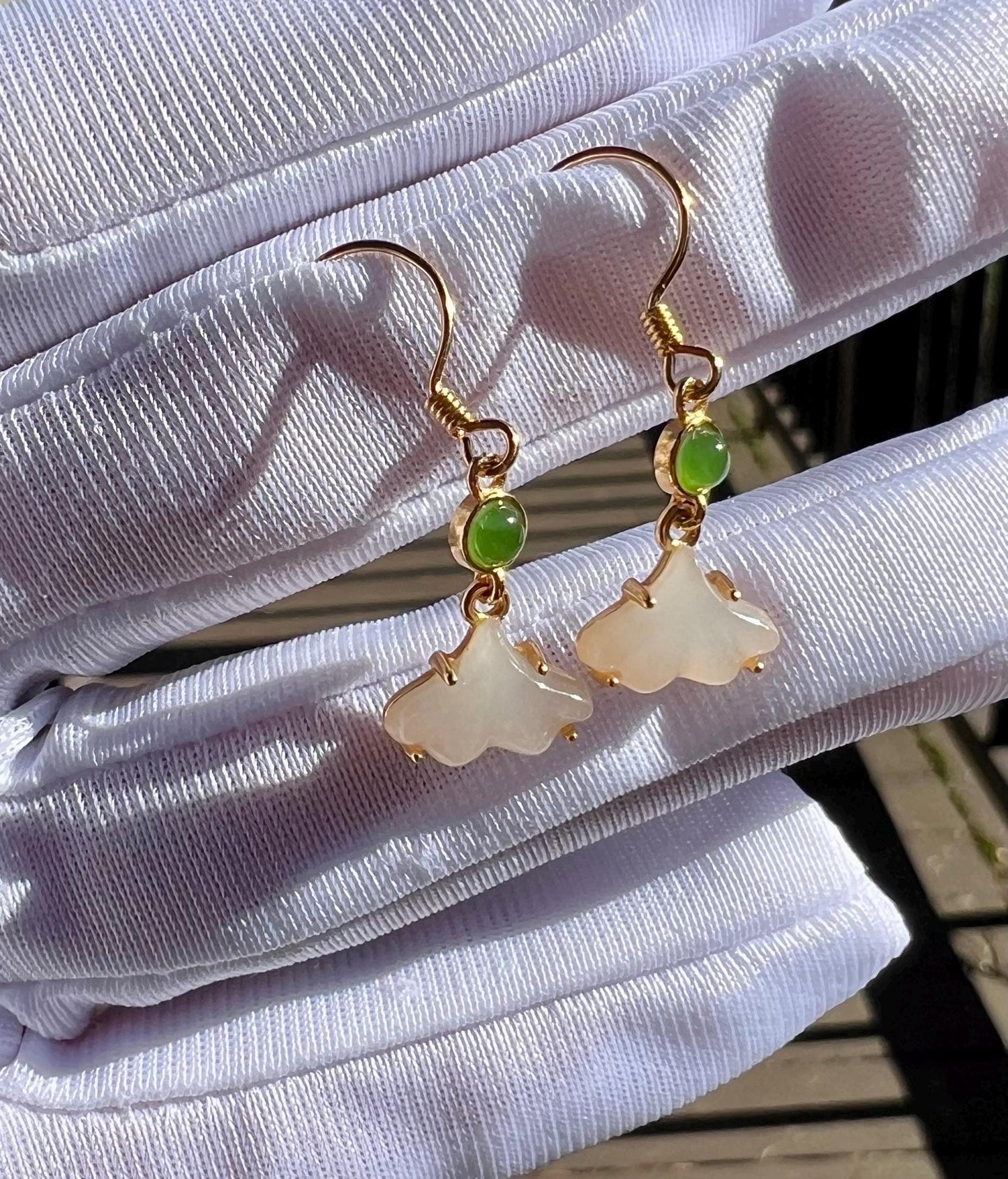 Certified natural jade/green nephrite and lotus Nephrite earrings/Ginkgo Leaf Sterling silver earrings/drop earrings天然软玉 碧玉 藕粉耳钩 银杏叶银耳坠#0386