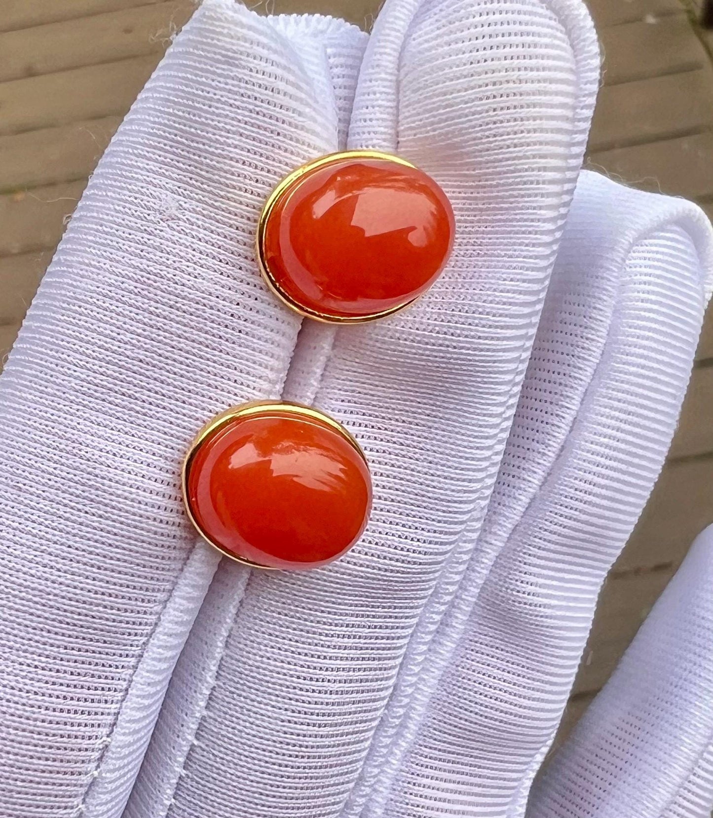 Certified natural Sichuan Nanhong agate earrings/Southern Red Agate oval stud earrings/sterling silver天然精品川料南红耳钉/纯银镶嵌#0306 蛋面耳钉/联合料