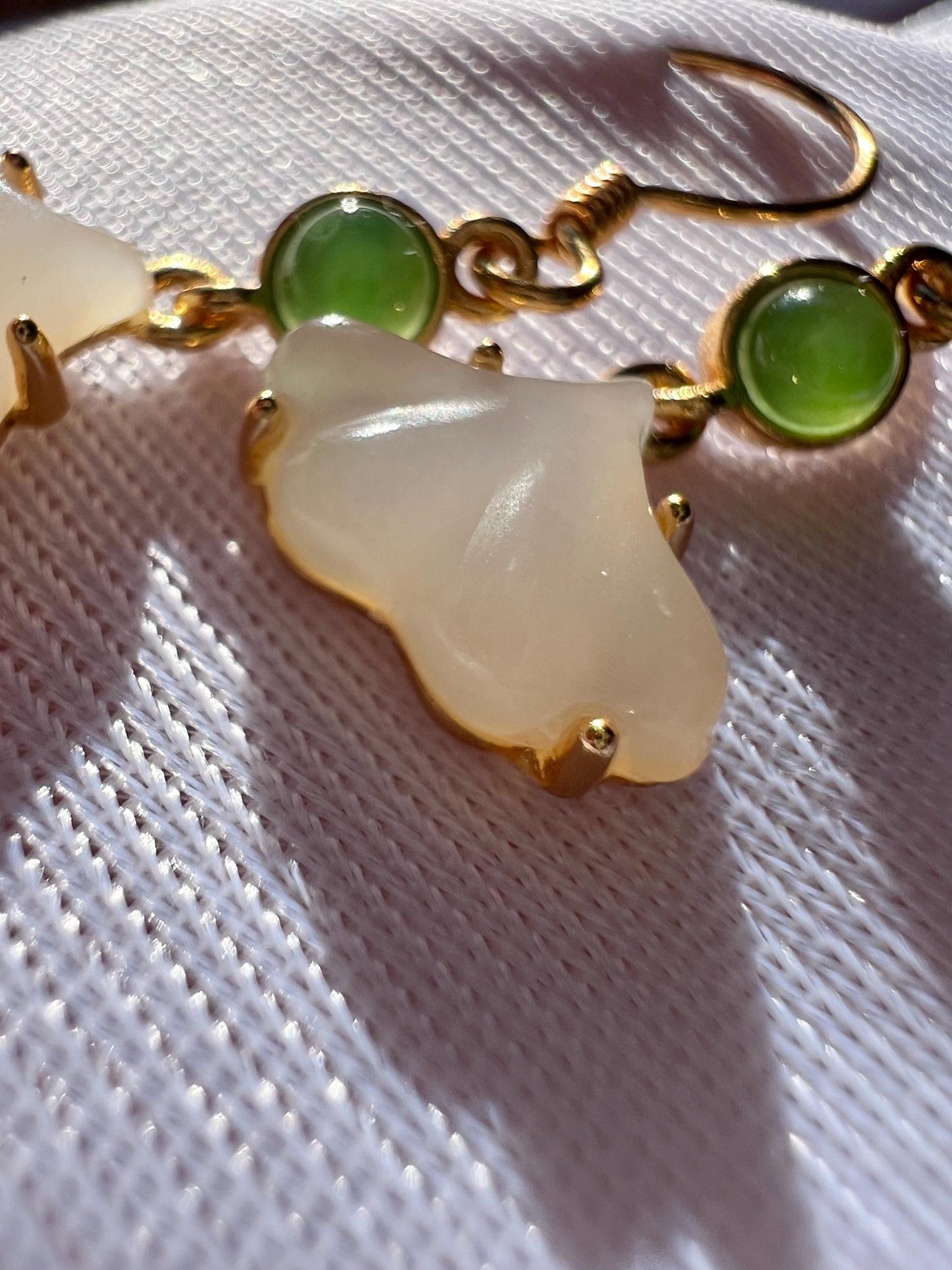 Certified natural jade/green nephrite and lotus Nephrite earrings/Ginkgo Leaf Sterling silver earrings/drop earrings天然软玉 碧玉 藕粉耳钩 银杏叶银耳坠#0386