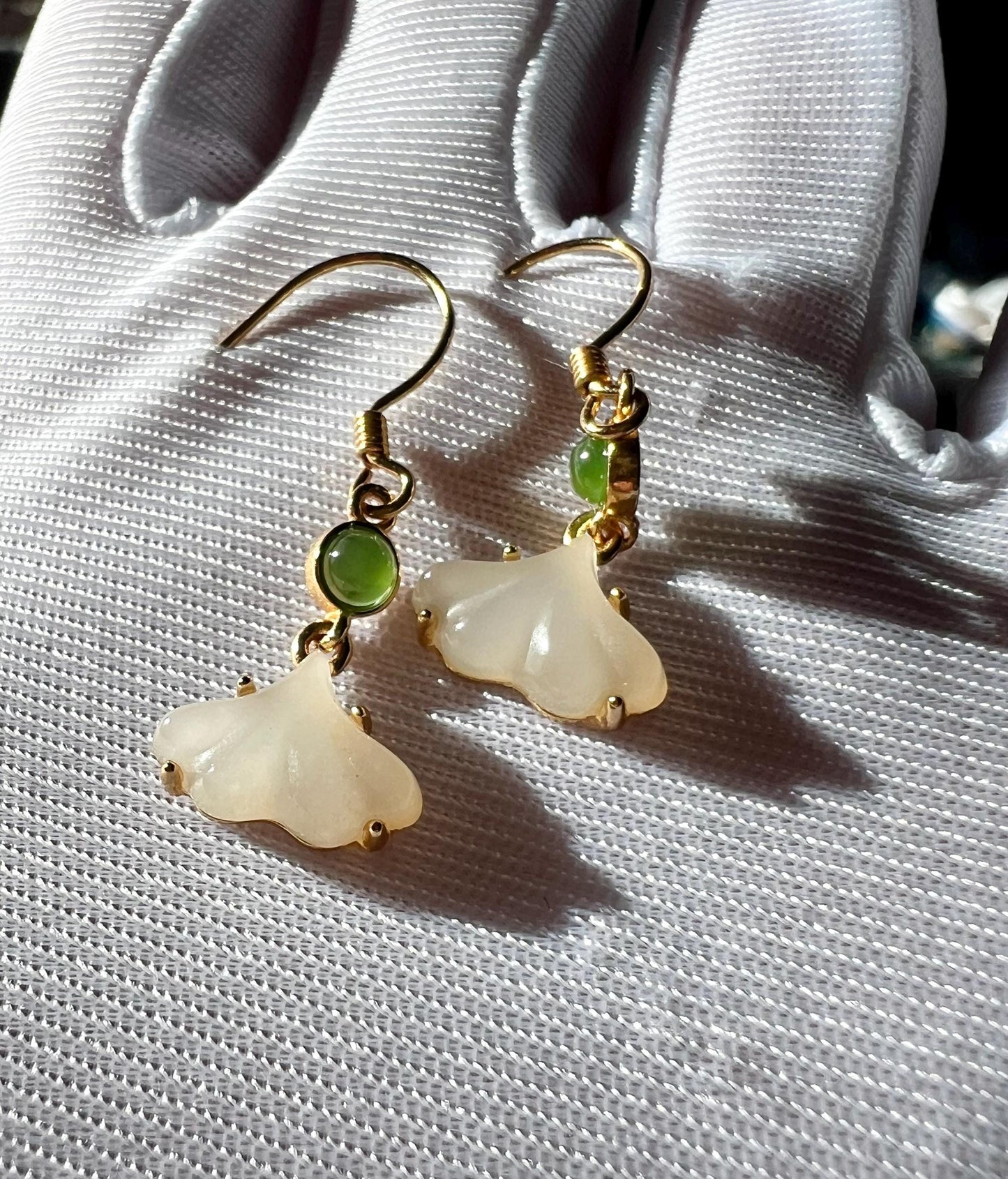 Certified natural jade/green nephrite and lotus Nephrite earrings/Ginkgo Leaf Sterling silver earrings/drop earrings天然软玉 碧玉 藕粉耳钩 银杏叶银耳坠#0386