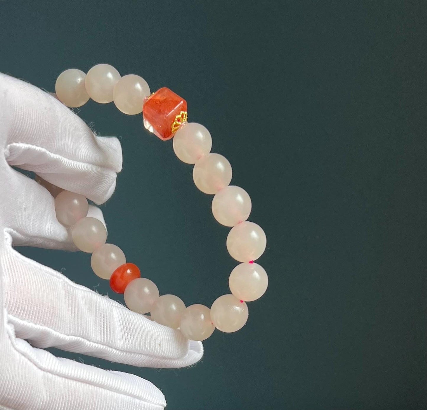 10mm Certified natural Chinese nephrite Bracelet/lotus root pink color/matte finish/天然 藕粉玉手串 #1505 浅粉色/ 搭配胶花方糖 南红隔珠