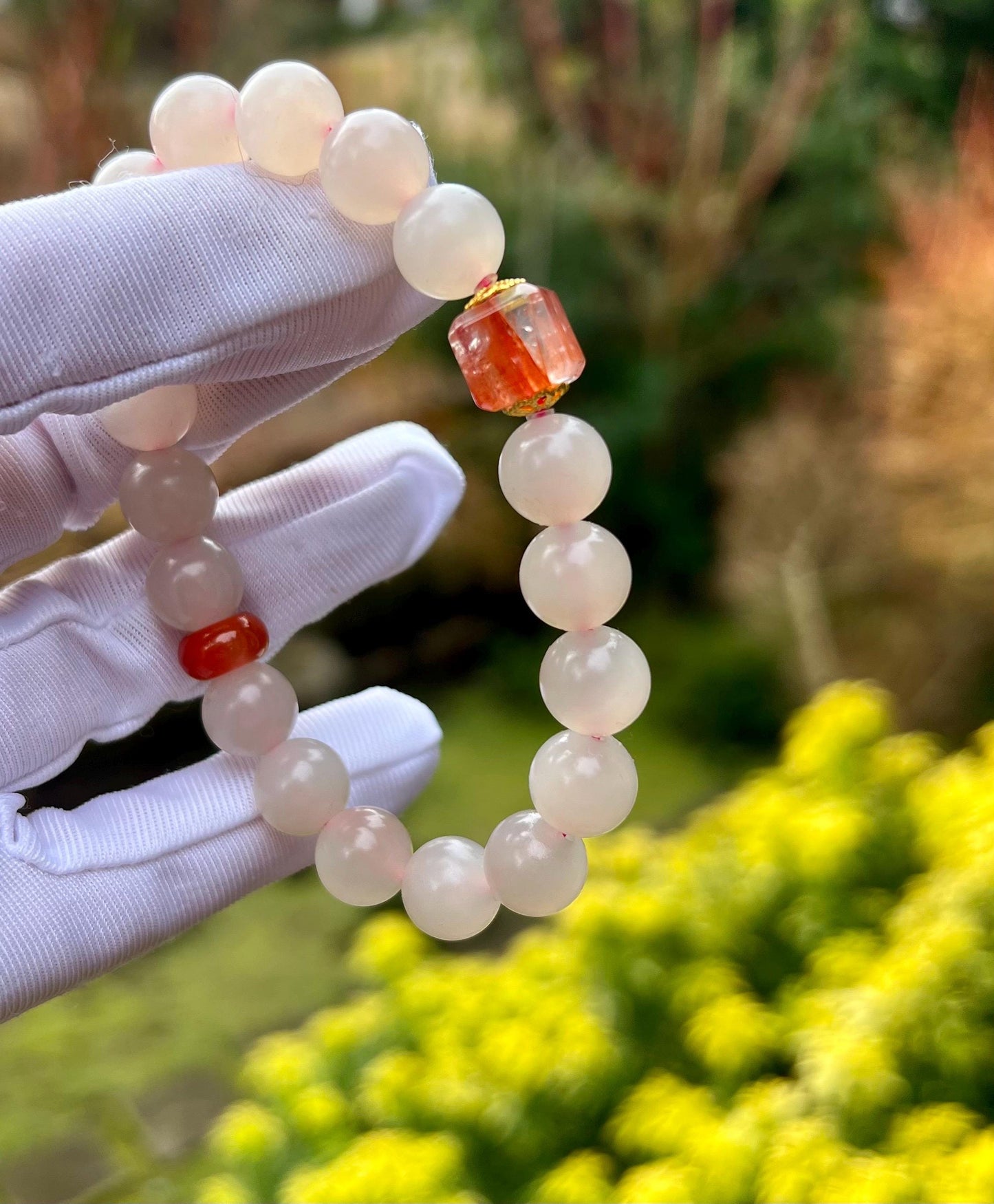10mm Certified natural Chinese nephrite Bracelet/lotus root pink color/matte finish/天然 藕粉玉手串 #1505 浅粉色/ 搭配胶花方糖 南红隔珠