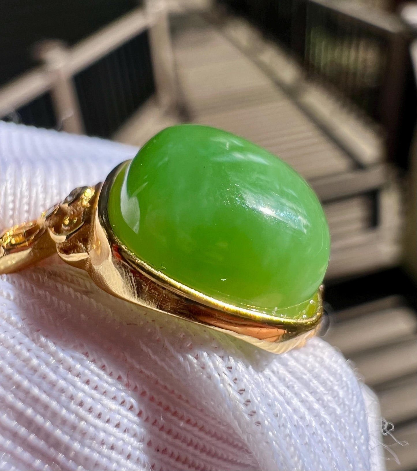 Certified natural nephrite green jade ring Sterling Silver ring/square shaped green nephrite 天然碧玉 果阳绿 起胶起荧光 纯银镶戒指/指环#0289