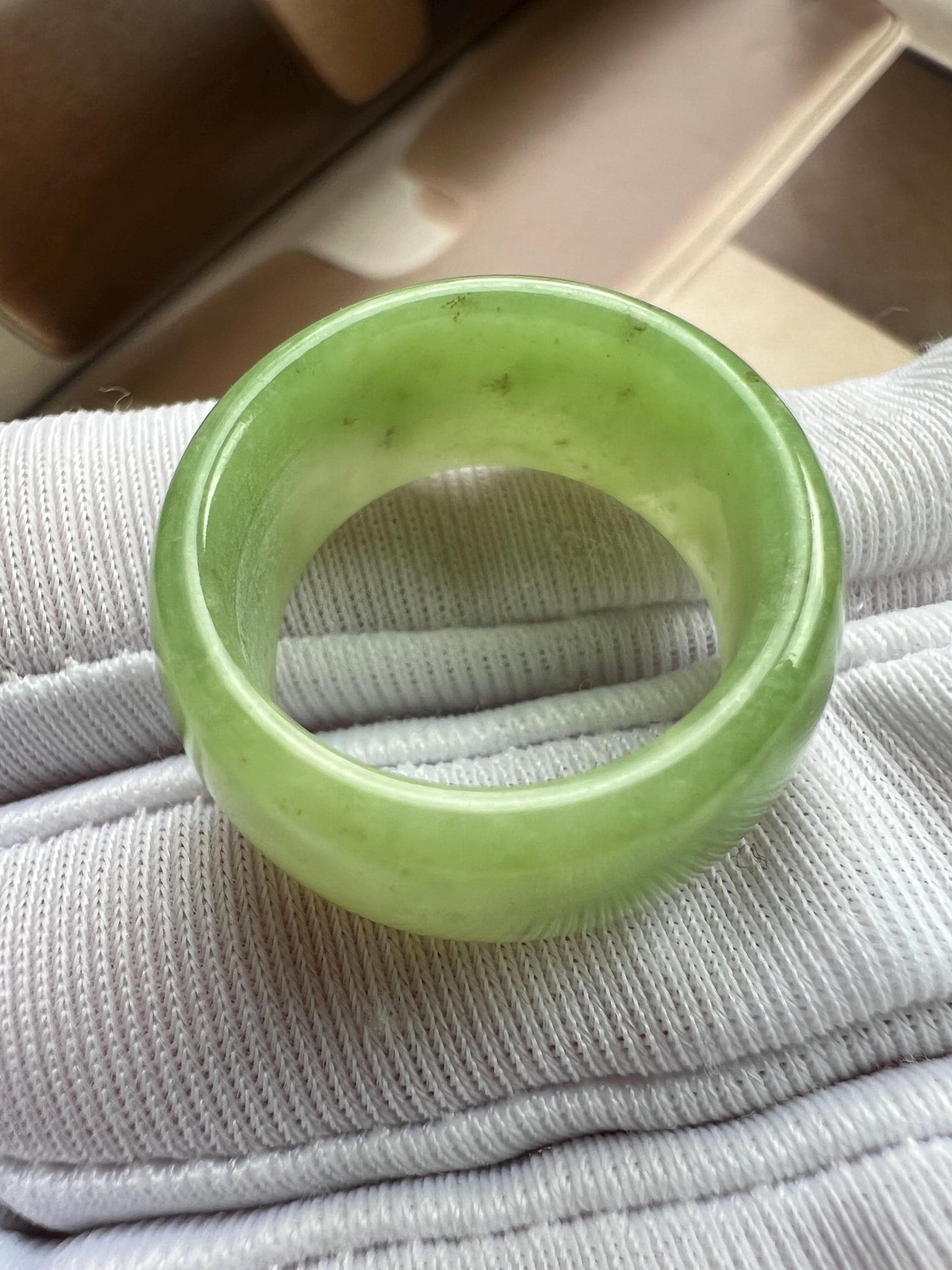 16.9mm Certified natural jade/ Emerald Green Nephrite ring / lucky band ring 天然翠青玉 轮胎圈指环 扳指 戒圈#0861 US size5.5–6
