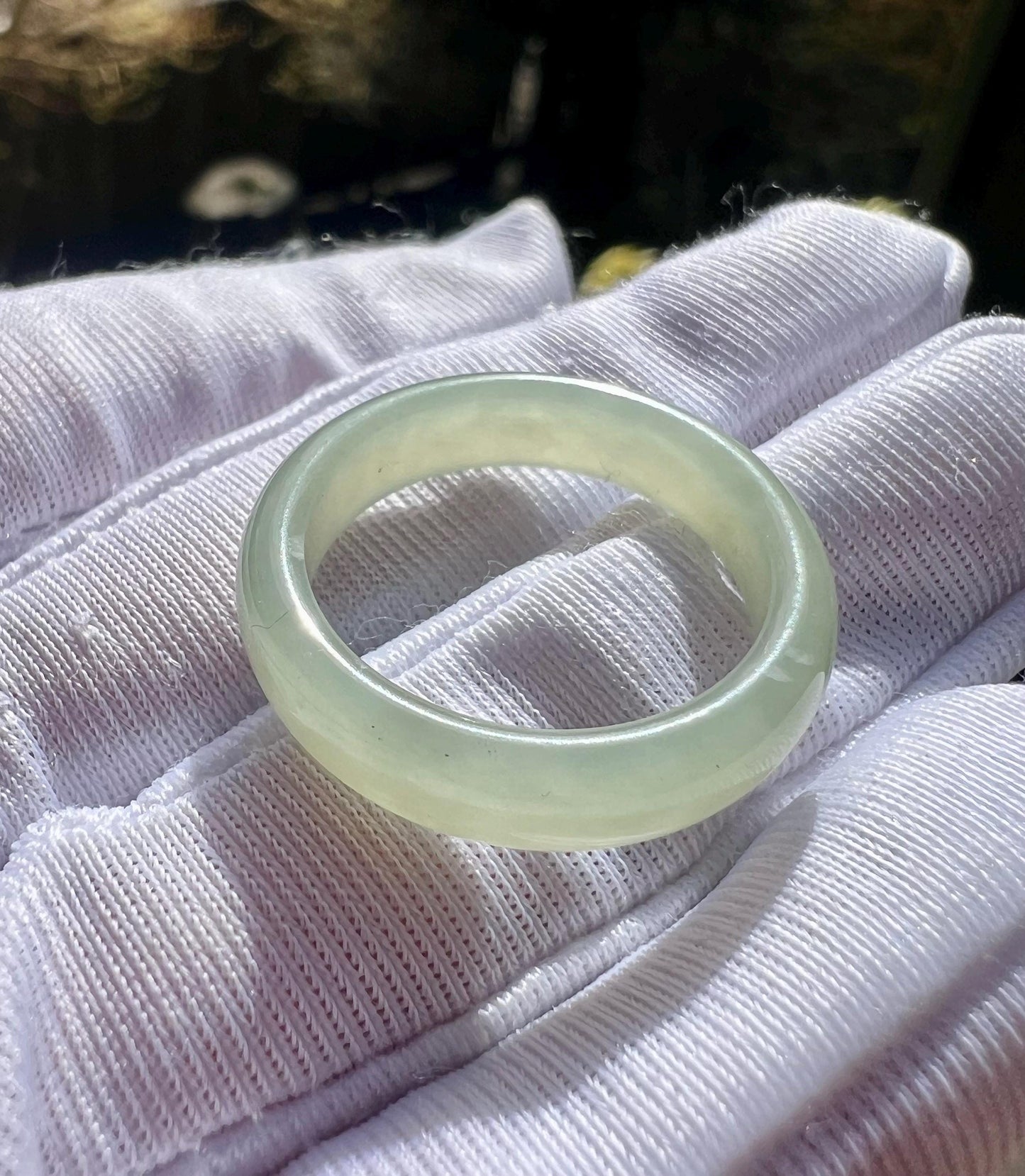 18.5mm Certified natural jade/light Greenish nephrite ring / lucky band ring 天然青白玉 指环 扳指 戒圈#2015 US size8 起冰起莹光