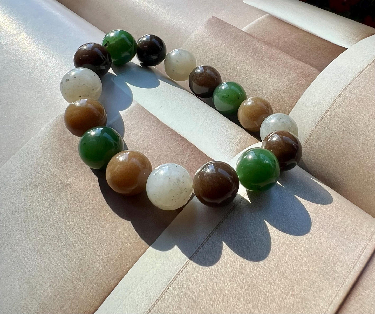 12mm Certified natural jade/multi color nephrite bracelet天然软玉多宝手串 糖玉青花碧玉#8950