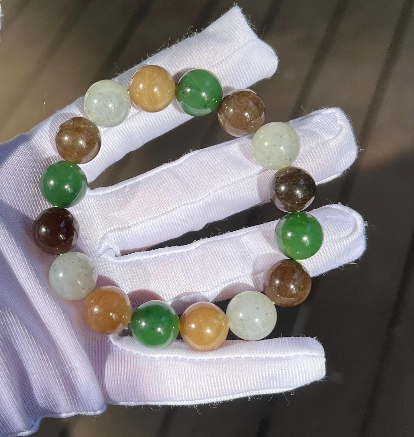 12mm Certified natural jade/multi color nephrite bracelet天然软玉多宝手串 糖玉青花碧玉#8950