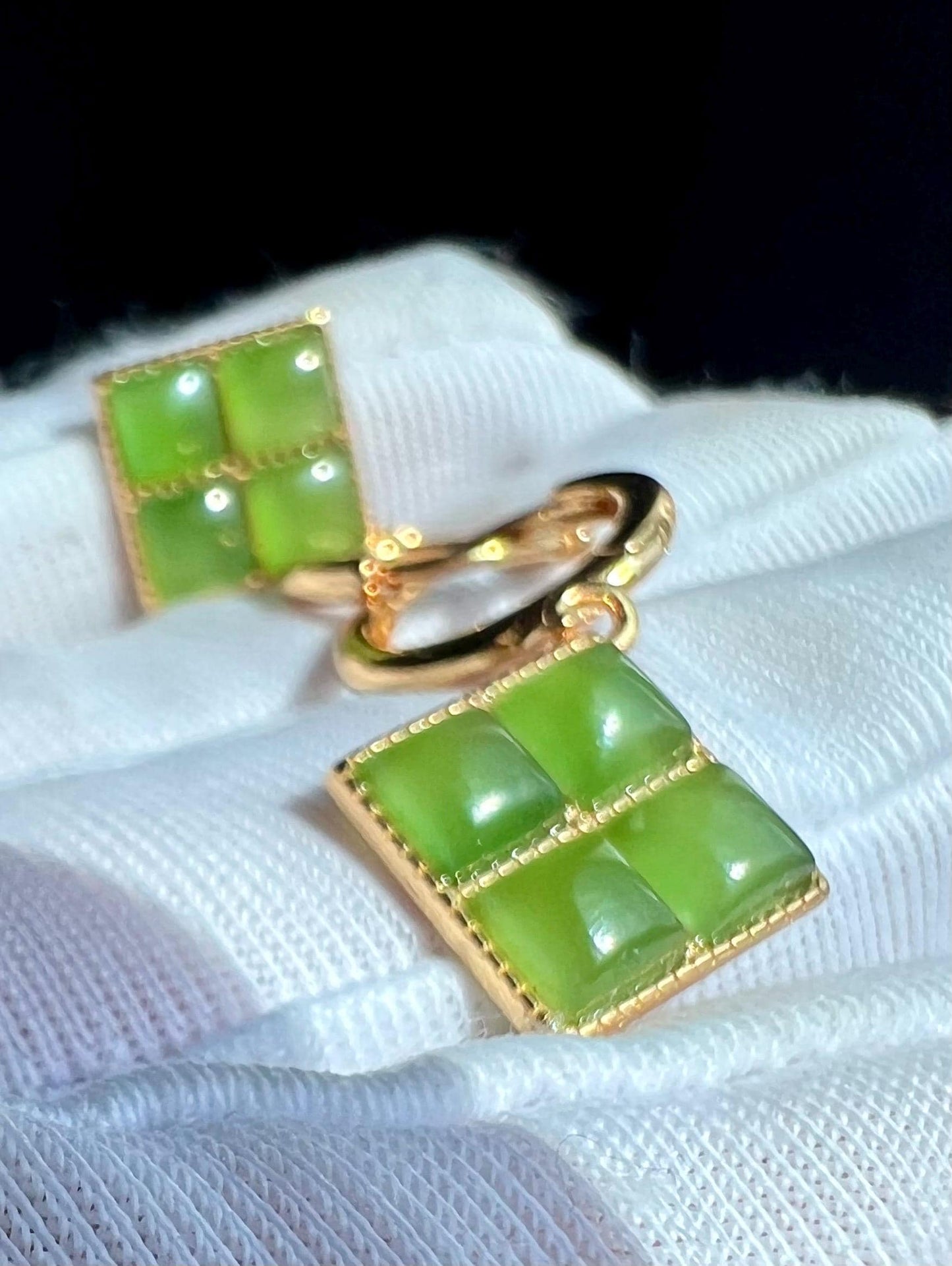 Certified natural nephrite green jade/green nephrite square shape earrings/S925 hoop earrings/drop earrings 天然软玉 碧玉方形耳环 纯银耳扣#0941