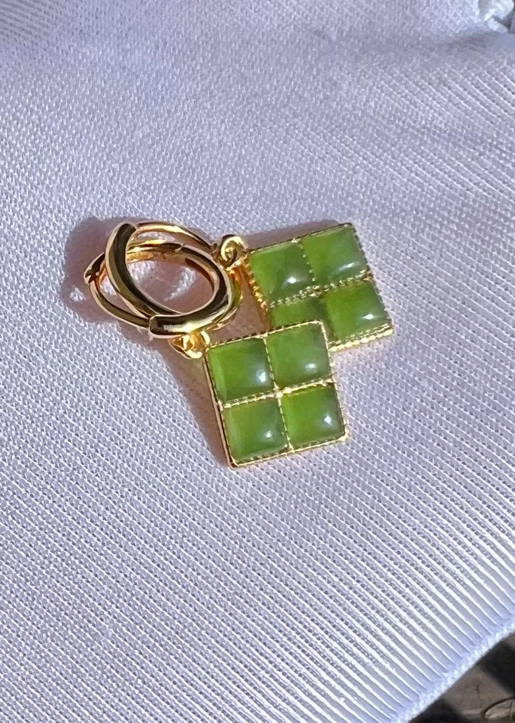 Certified natural nephrite green jade/green nephrite square shape earrings/S925 hoop earrings/drop earrings 天然软玉 碧玉方形耳环 纯银耳扣#0941