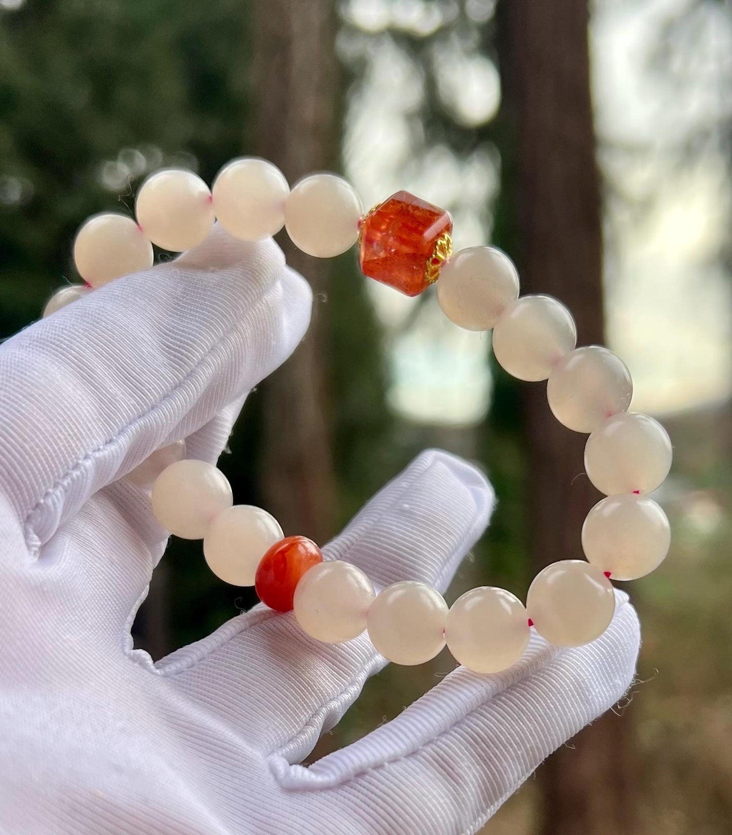 10mm Certified natural Chinese nephrite Bracelet/lotus root pink color/matte finish/天然 藕粉玉手串 #1505 浅粉色/ 搭配胶花方糖 南红隔珠