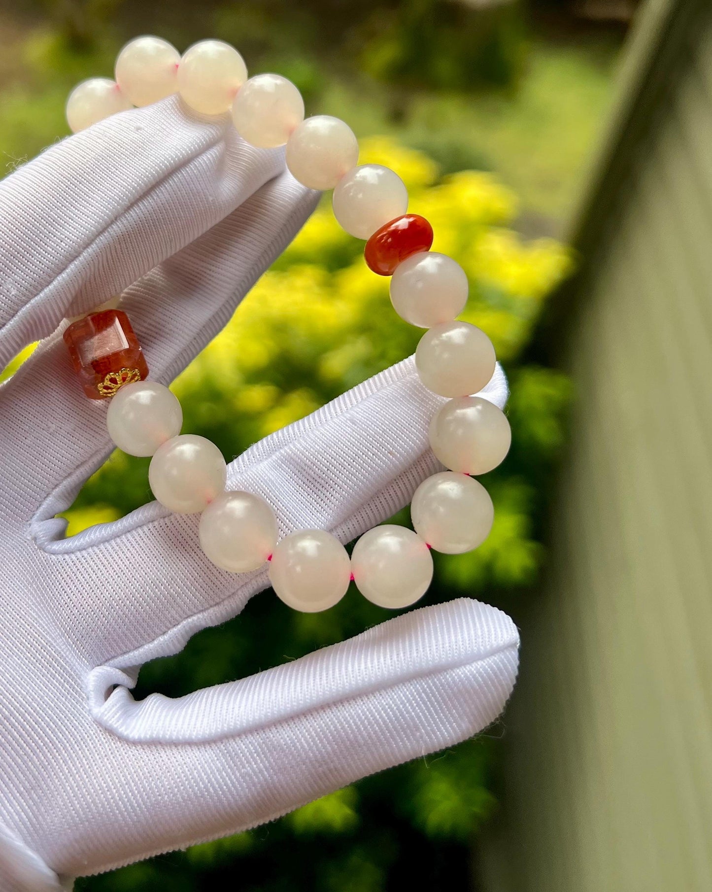 10mm Certified natural Chinese nephrite Bracelet/lotus root pink color/matte finish/天然 藕粉玉手串 #1505 浅粉色/ 搭配胶花方糖 南红隔珠