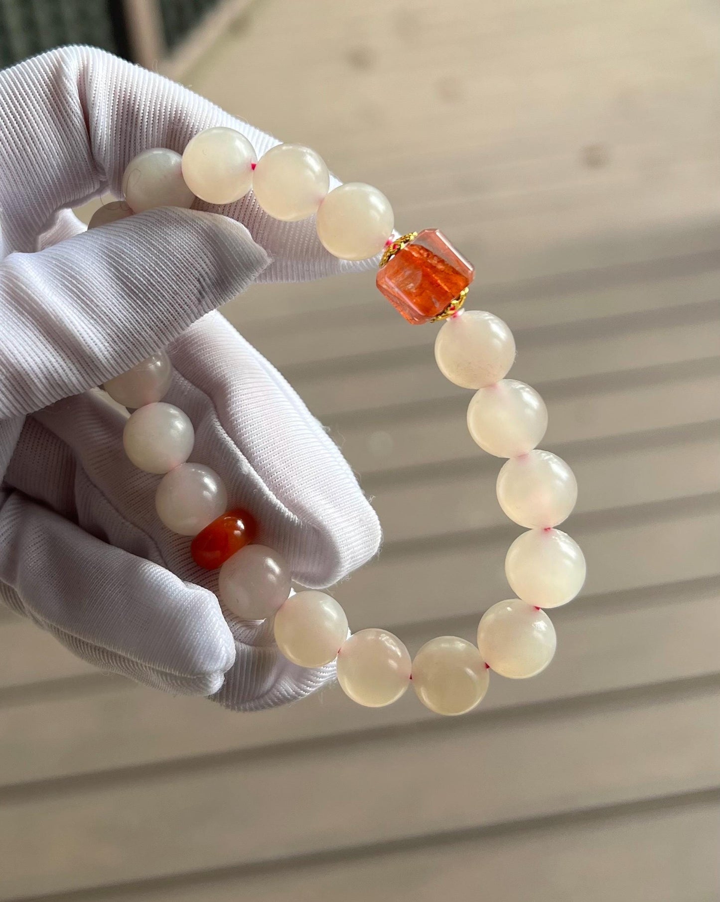 10mm Certified natural Chinese nephrite Bracelet/lotus root pink color/matte finish/天然 藕粉玉手串 #1505 浅粉色/ 搭配胶花方糖 南红隔珠