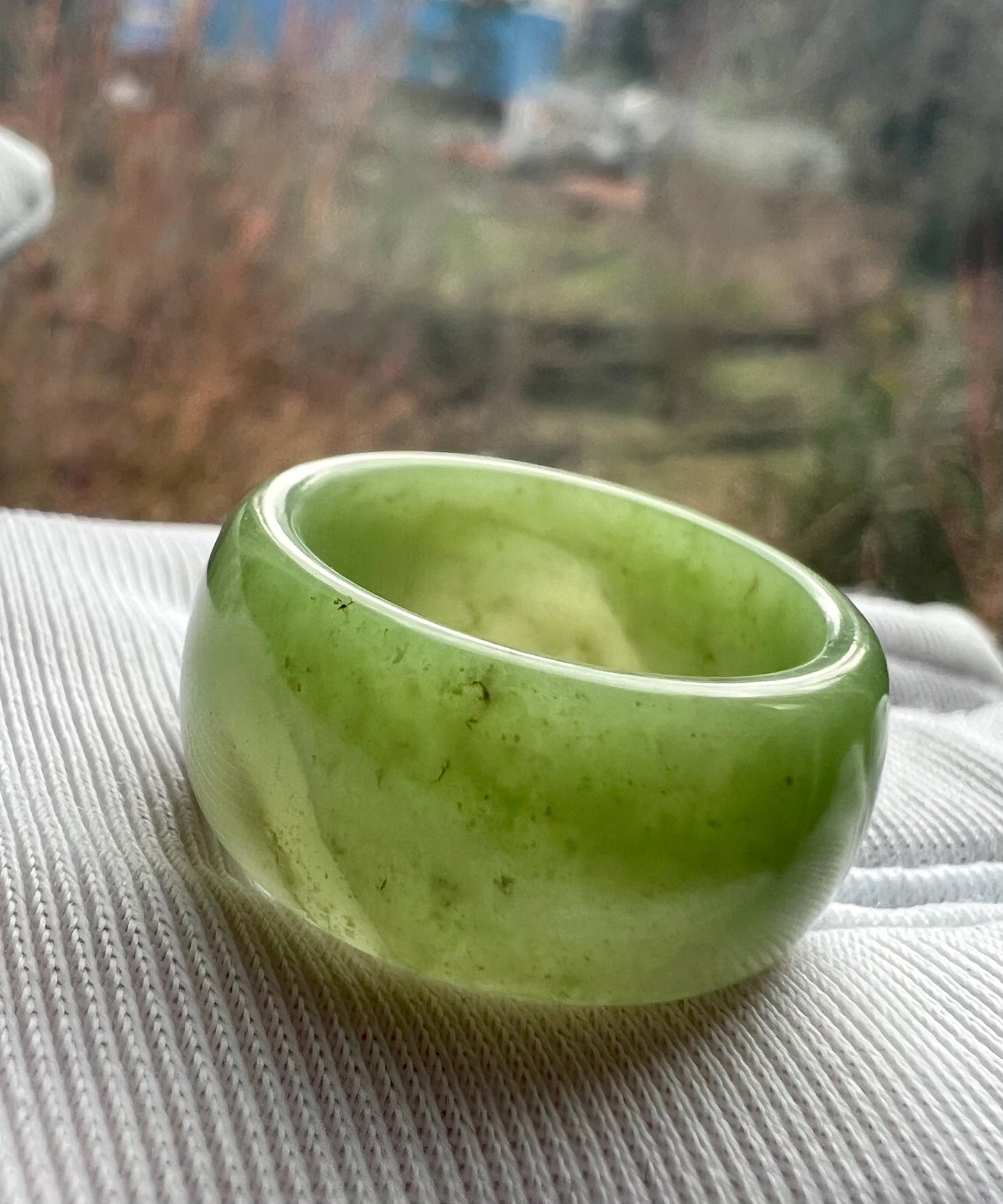 16.9mm Certified natural jade/ Emerald Green Nephrite ring / lucky band ring 天然翠青玉 轮胎圈指环 扳指 戒圈#0861 US size5.5–6