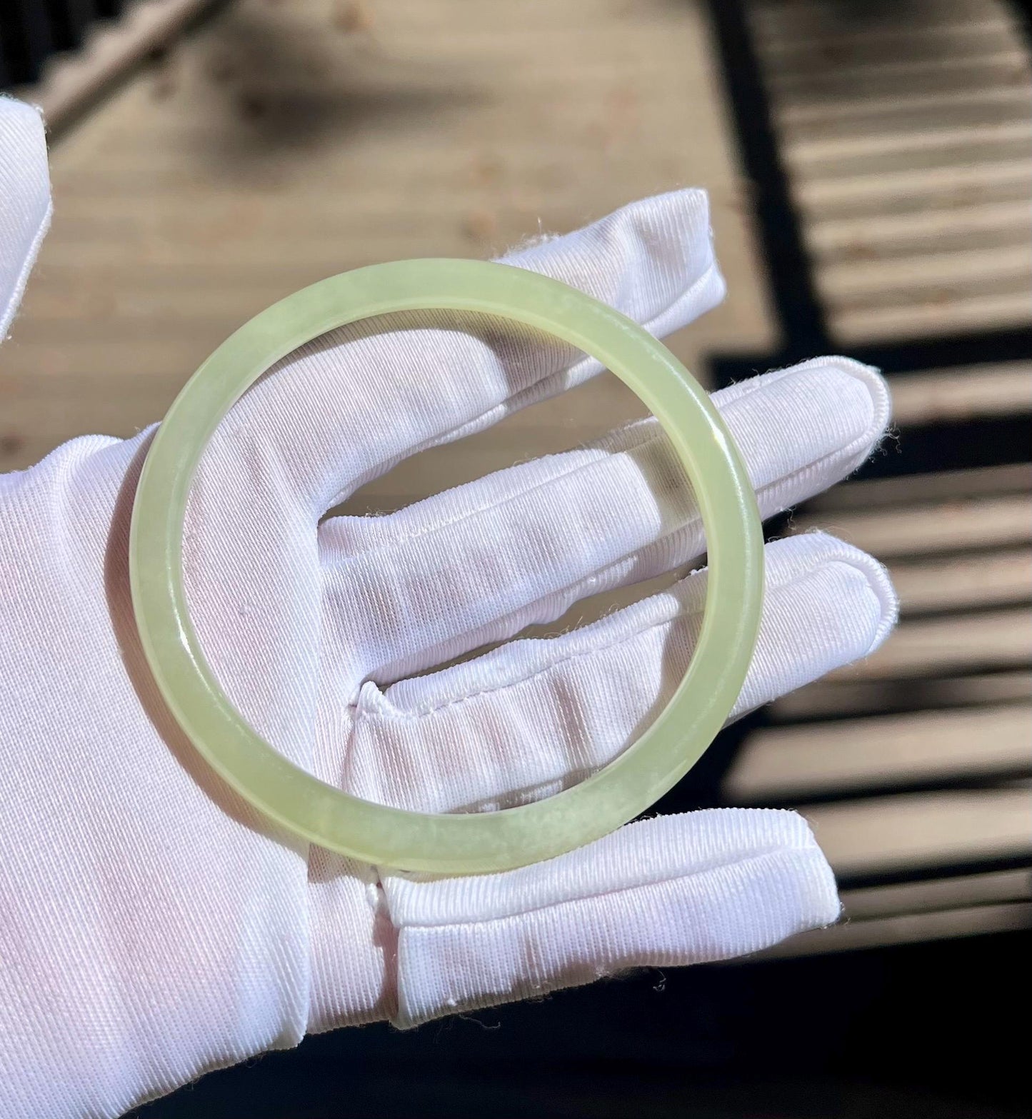 57.7mm Certified natural icy light green nephrite Bangle/Qingshui nephrite dangling bangle 天然软玉 白冰晴水 细圆条手镯 叮当镯 冰润起莹光 #0801
