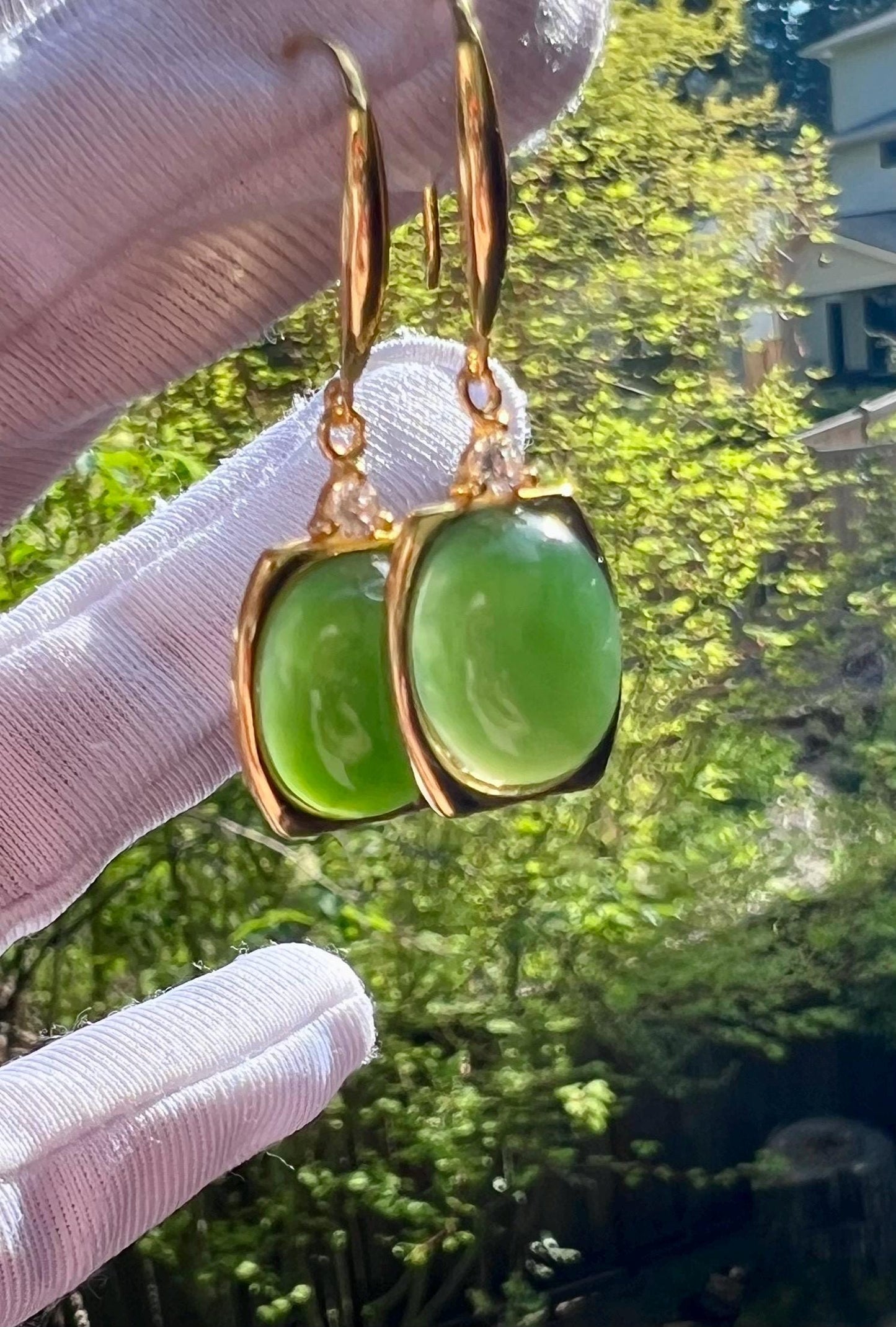 Certified natural nephrite green jade/green nephrite oval shaped earrings/S925 hook earrings 天然碧玉蛋面耳环 纯银耳钩#0064