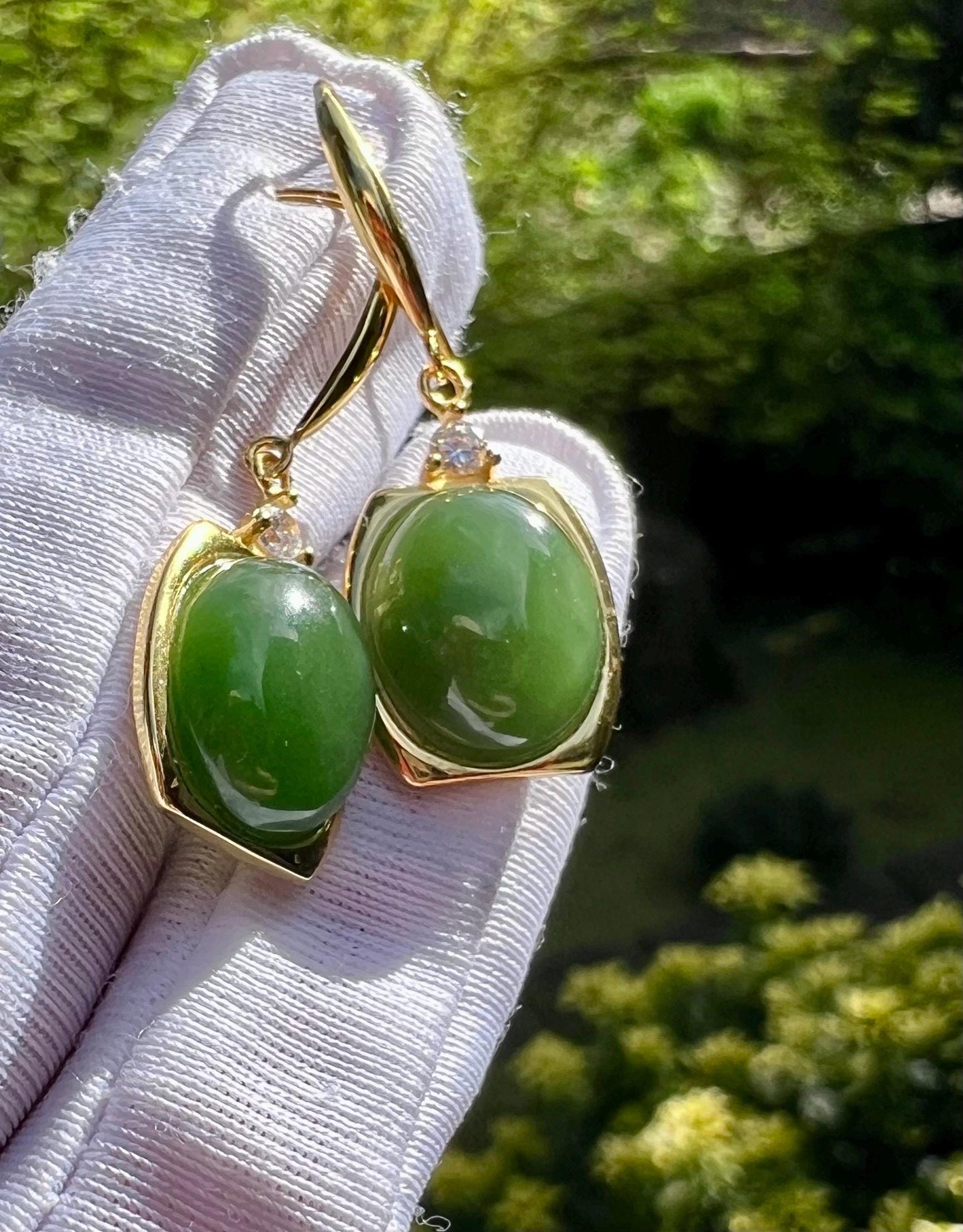Certified natural nephrite green jade/green nephrite oval shaped earrings/S925 hook earrings 天然碧玉蛋面耳环 纯银耳钩#0064
