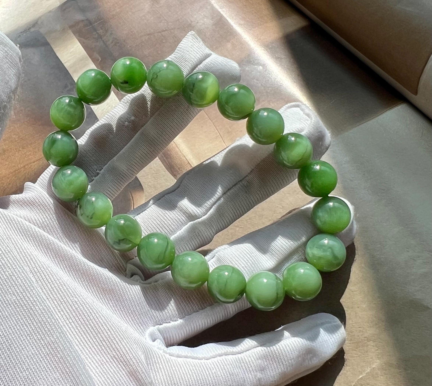 10mm Certified natural nephrite green jade/vivid chatoyant bluish green nephrite Bracelet天然软玉 碧玉手串 粉青 鲜活猫眼#4170