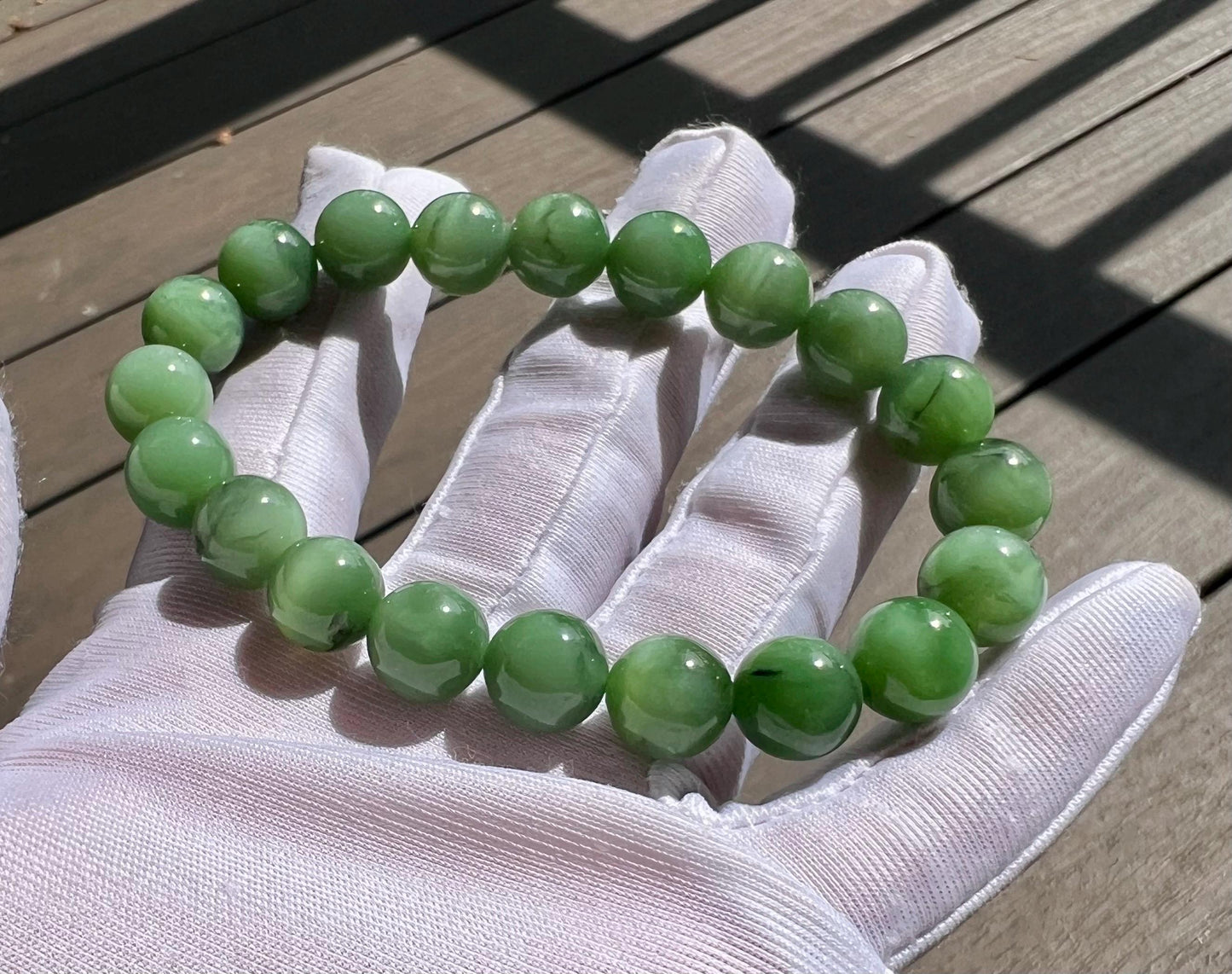 10mm Certified natural nephrite green jade/vivid chatoyant bluish green nephrite Bracelet天然软玉 碧玉手串 粉青 鲜活猫眼#4170