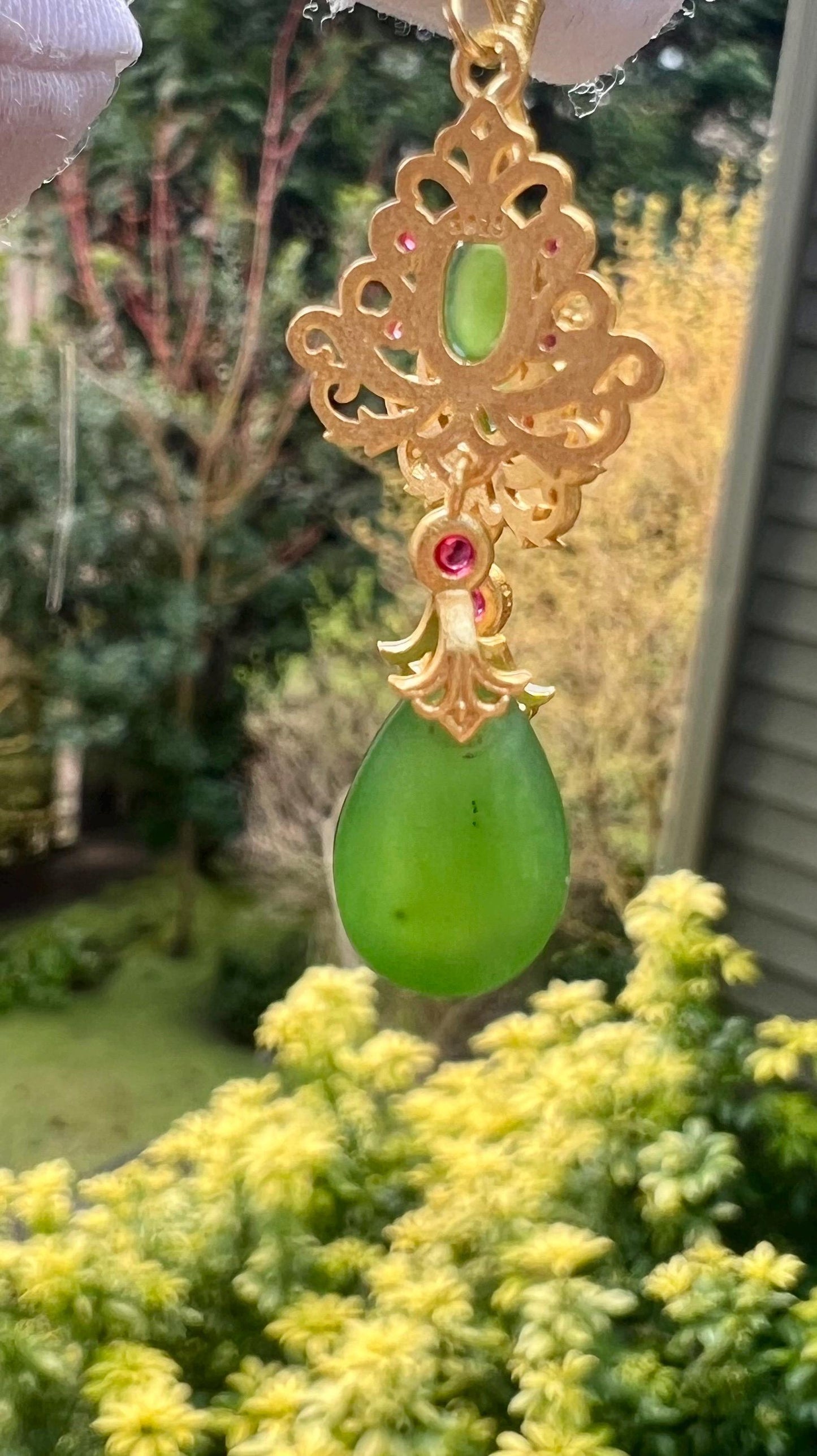 Certified natural nephrite green jade/ icy green nephrite Teardrop shaped drop earrings/S925 天然碧玉 水滴 耳环 耳钩 耳坠 #0933
