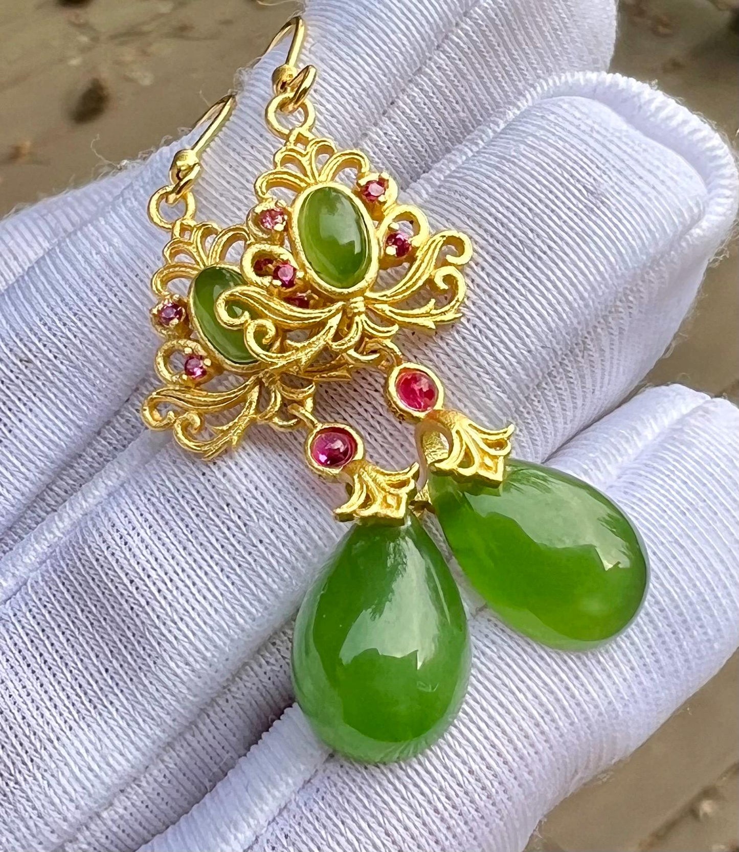 Certified natural nephrite green jade/ icy green nephrite Teardrop shaped drop earrings/S925 天然碧玉 水滴 耳环 耳钩 耳坠 #0933