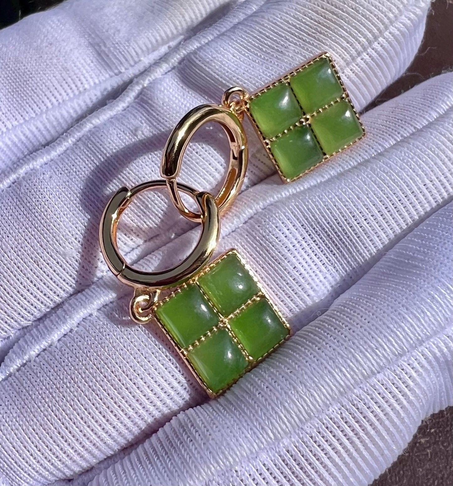 Certified natural nephrite green jade/green nephrite square shape earrings/S925 hoop earrings/drop earrings 天然软玉 碧玉方形耳环 纯银耳扣#0941